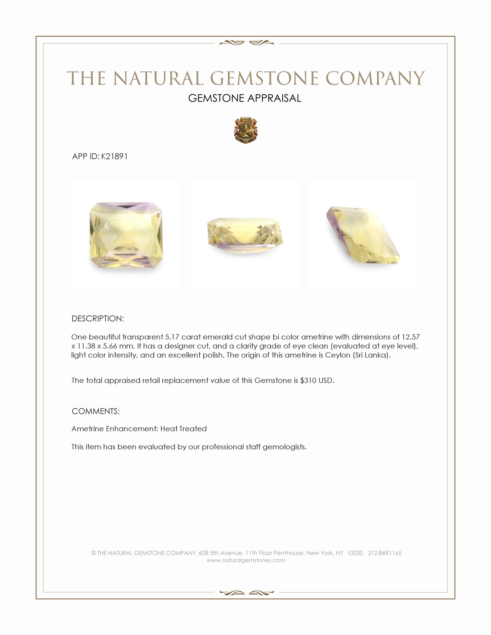 5.17 Ct. Ametrine from Ceylon (Sri Lanka)