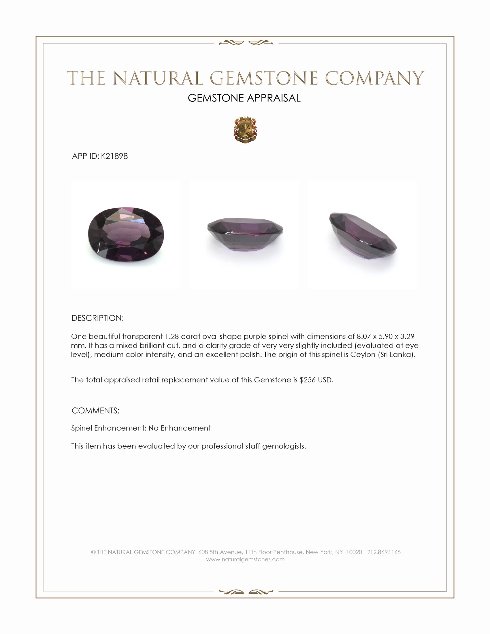 1.28 Ct. Purple Spinel from Ceylon (Sri Lanka)