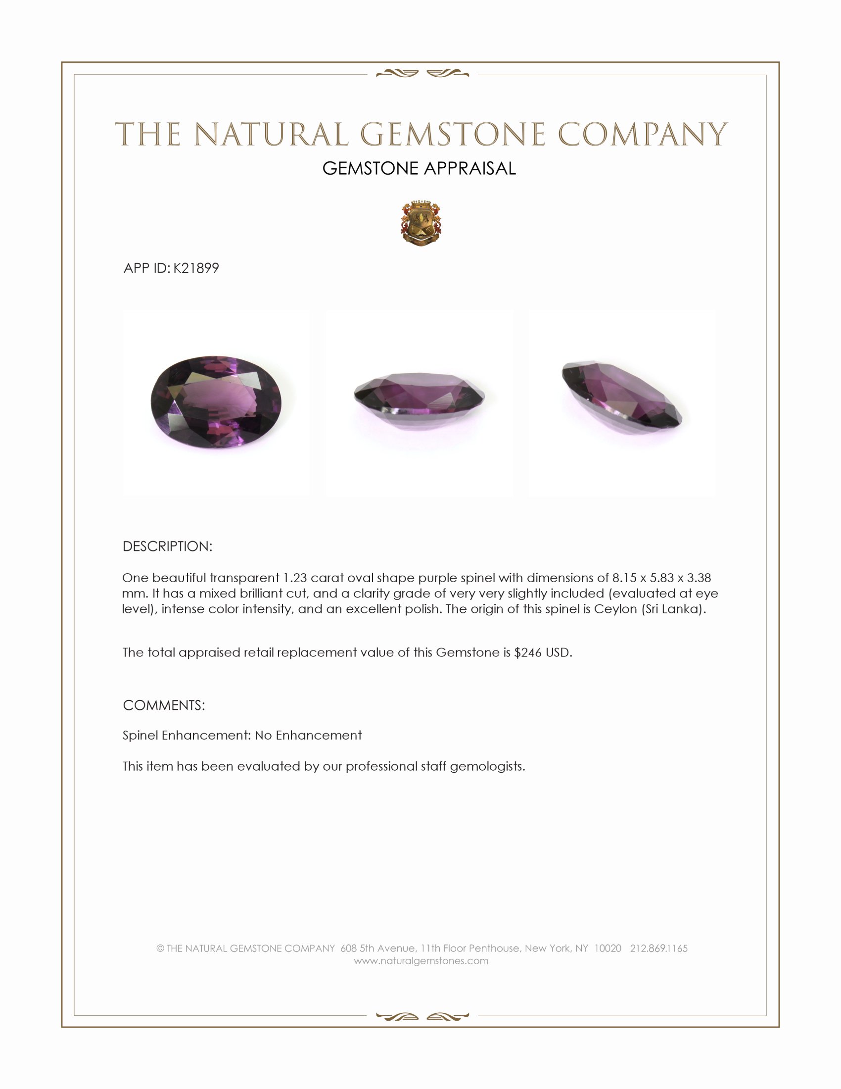 1.23 Ct. Purple Spinel from Ceylon (Sri Lanka)