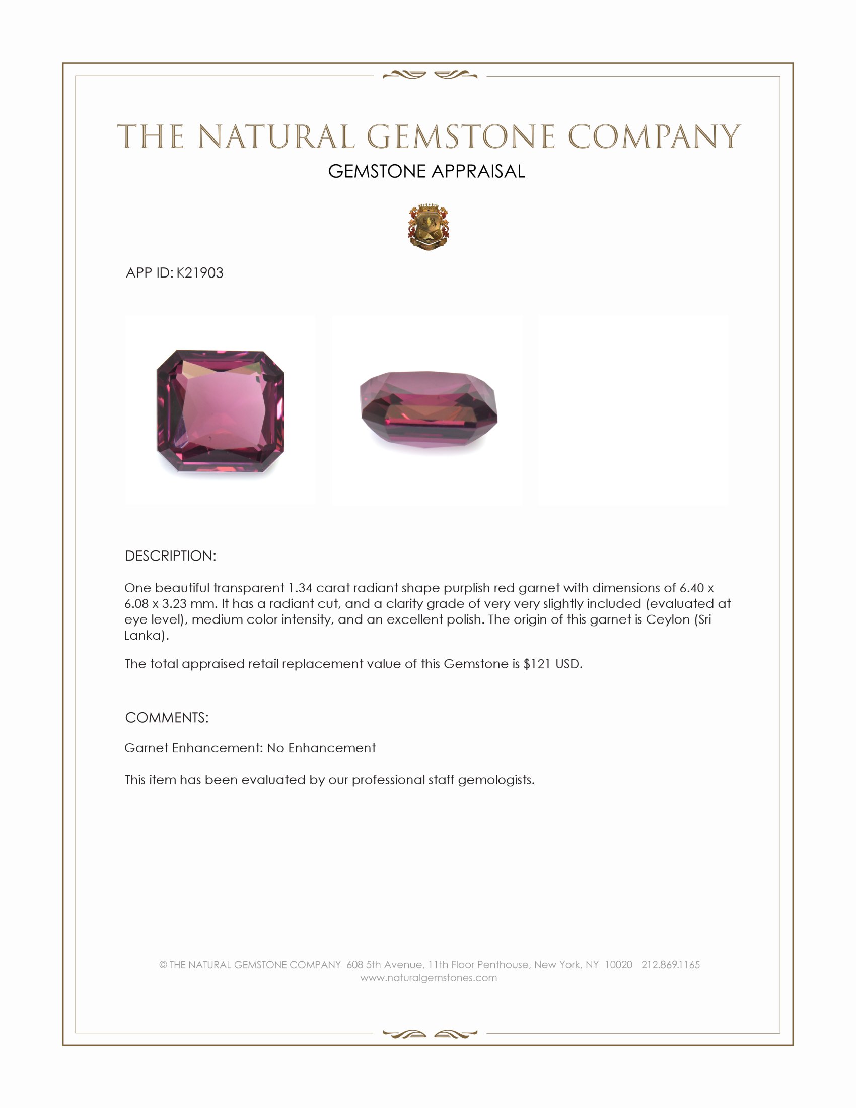 1.34 Ct. Purplish Red Garnet from Ceylon (Sri Lanka)