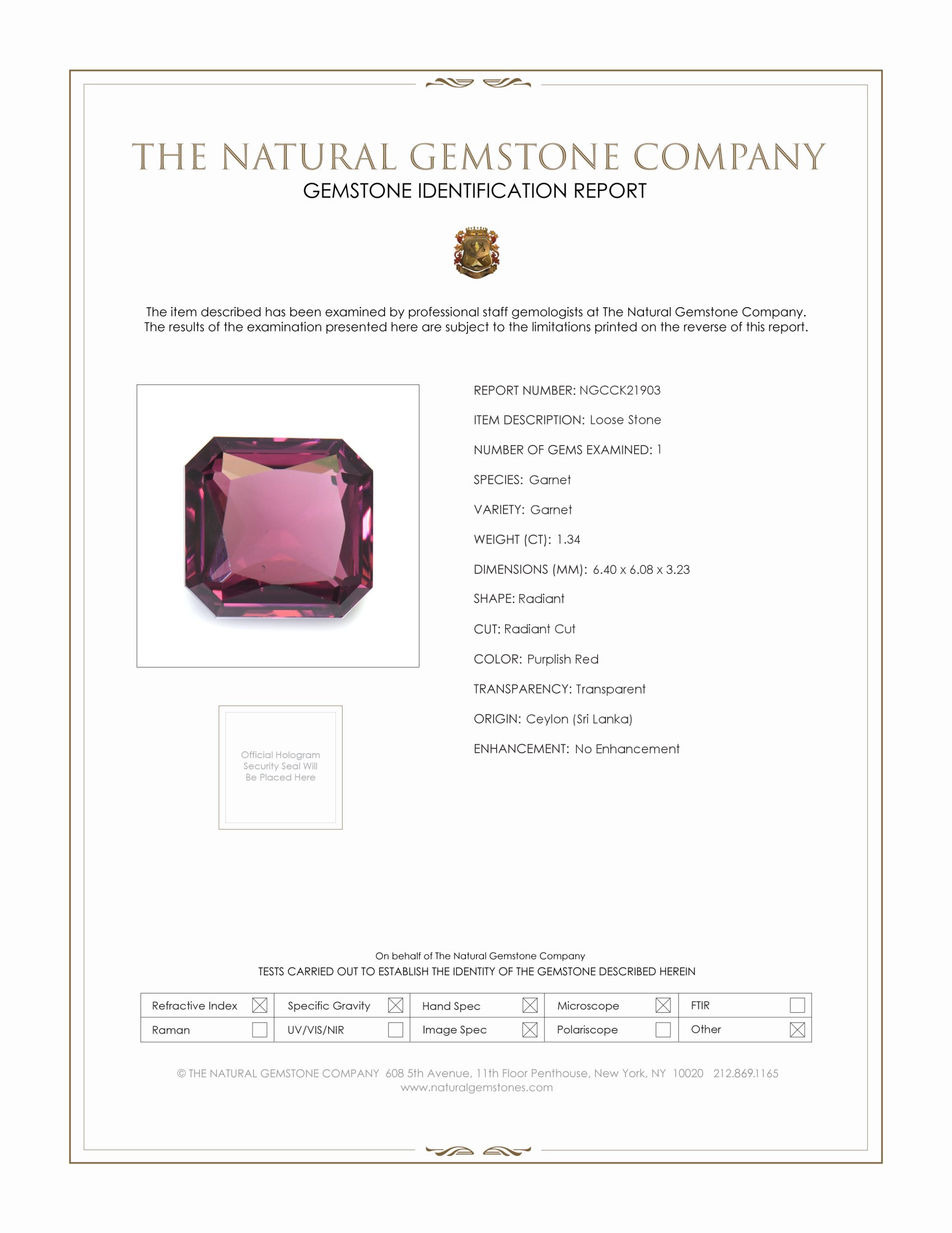 1.34 Ct. Purplish Red Garnet from Ceylon (Sri Lanka)