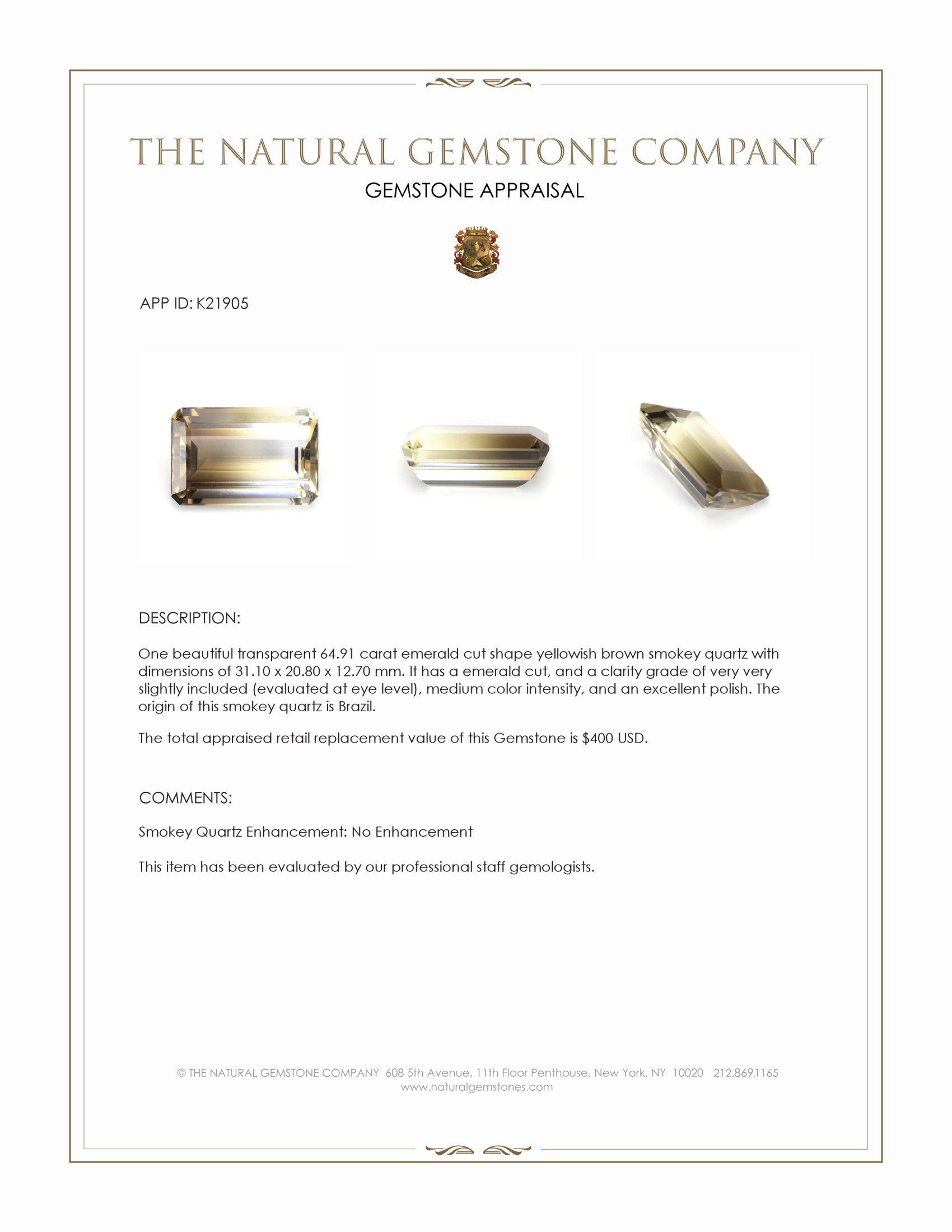 64.91 Ct. Smokey Quartz from Brazil