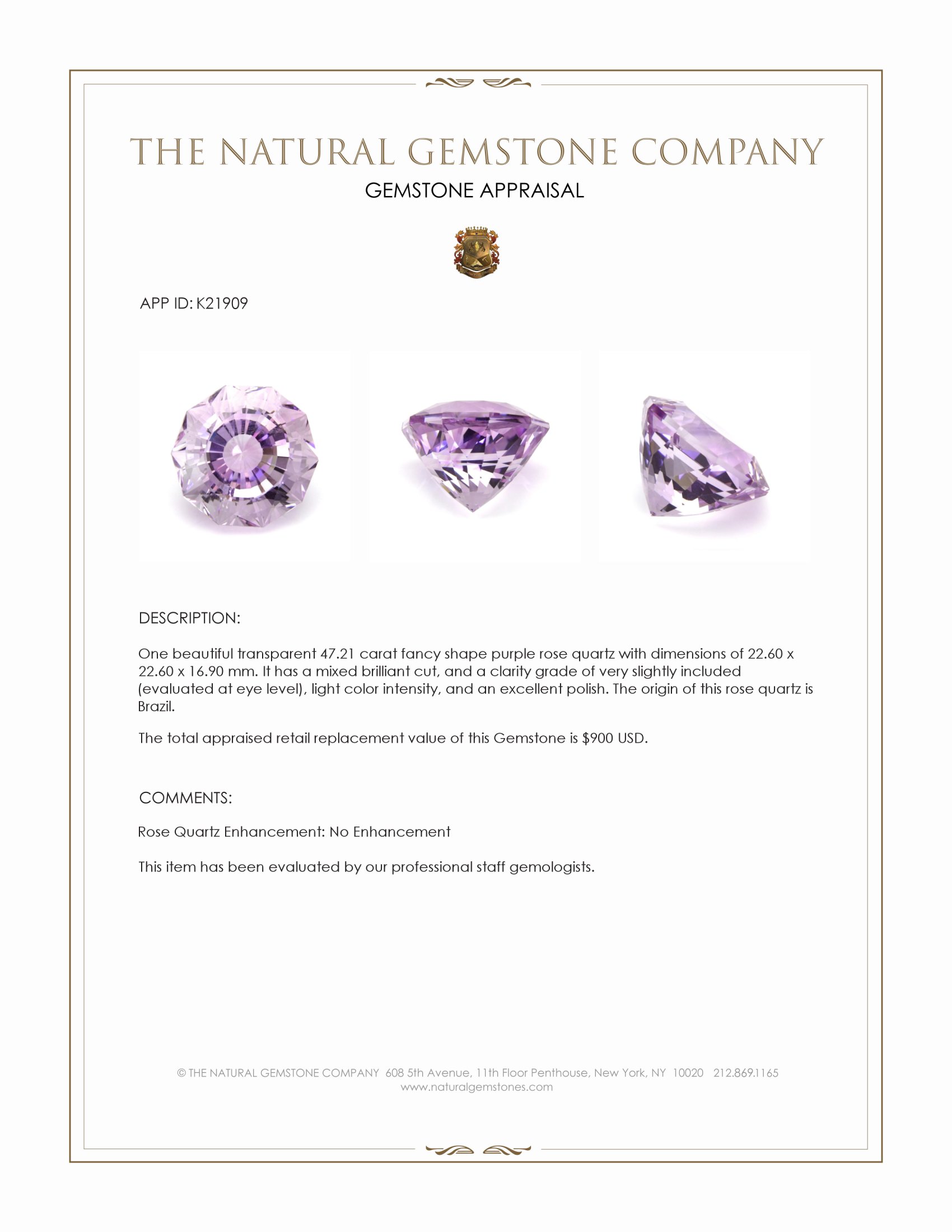 47.21 Ct. Purple Rose Quartz from Brazil