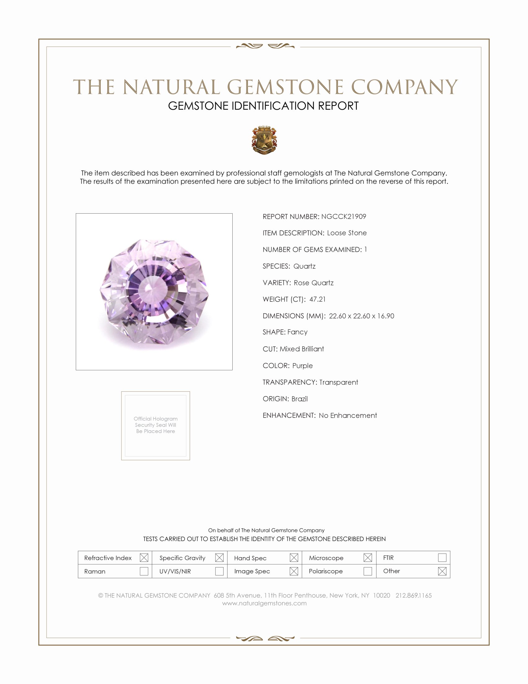 47.21 Ct. Purple Rose Quartz from Brazil