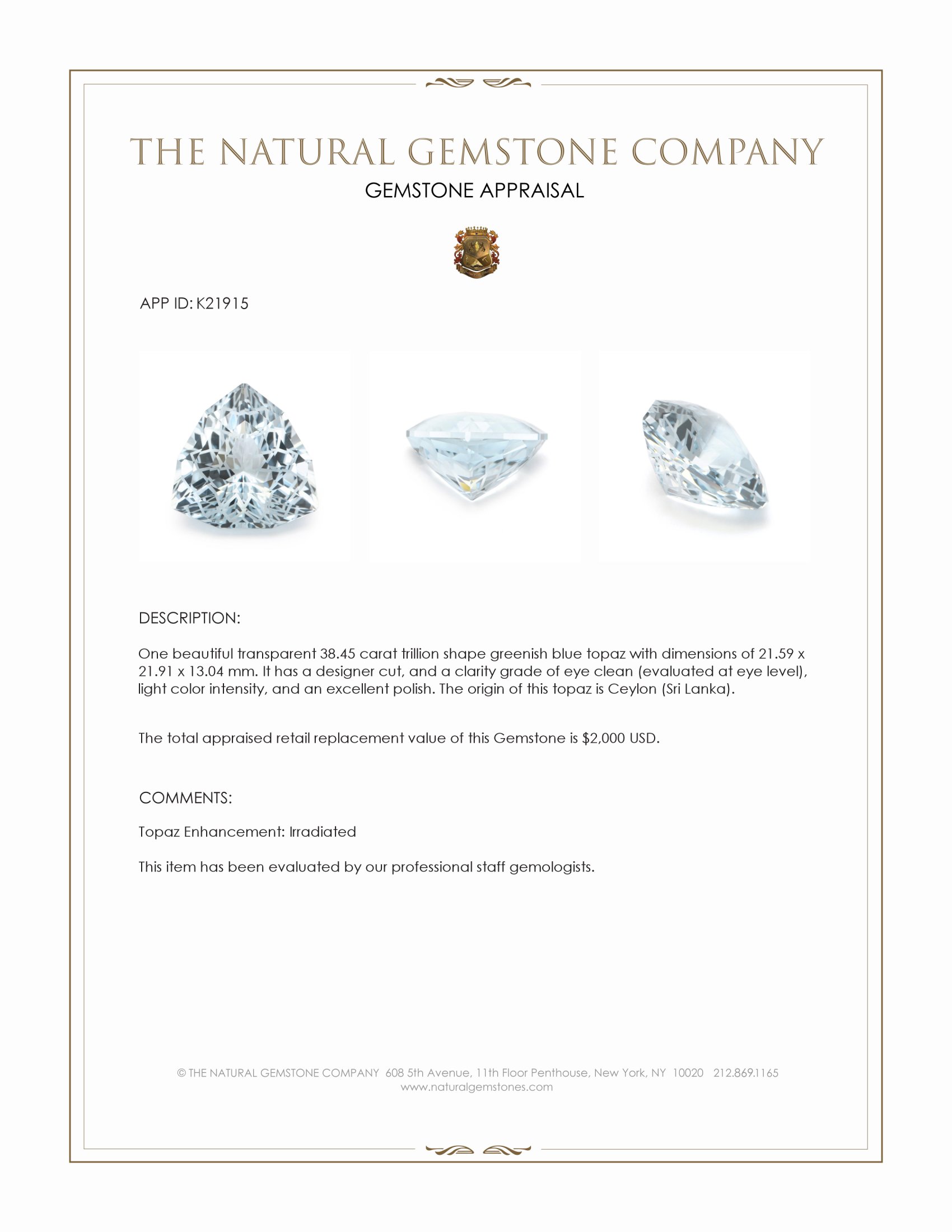 38.45 Ct. Greenish Blue Topaz from Ceylon (Sri Lanka)