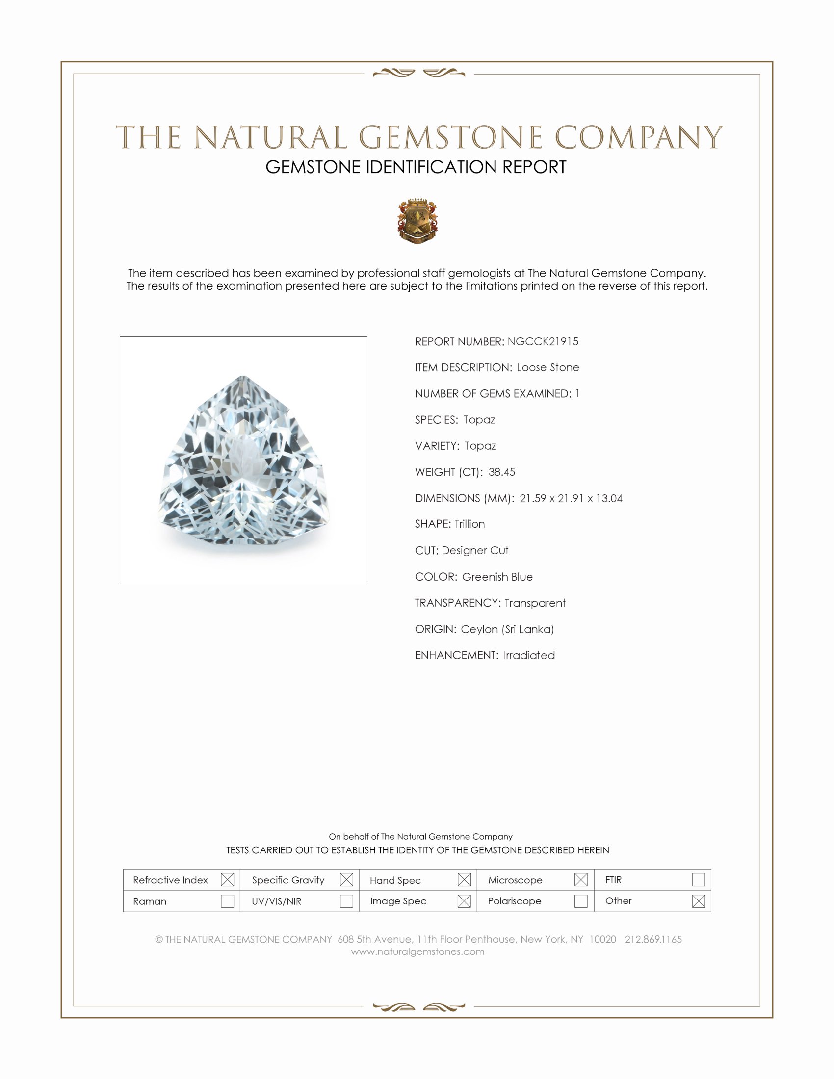 38.45 Ct. Greenish Blue Topaz from Ceylon (Sri Lanka)