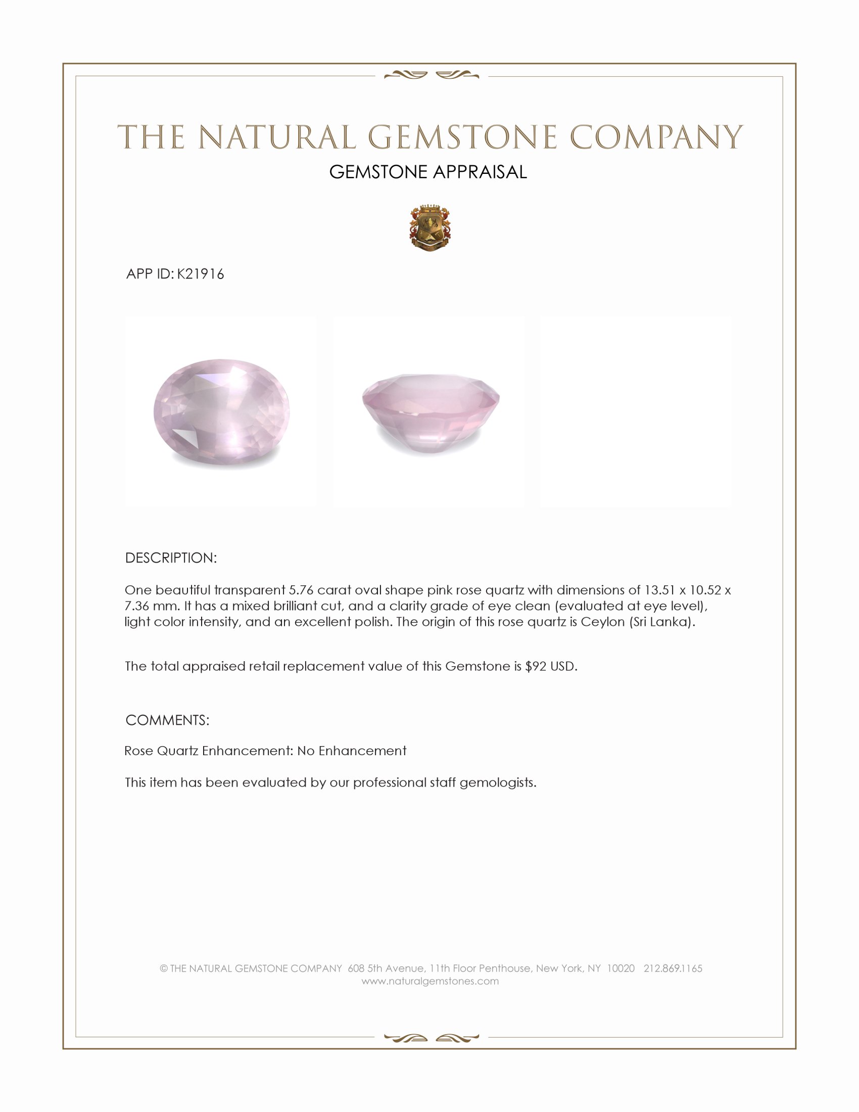 5.76 Ct. Rose Quartz from Ceylon (Sri Lanka)