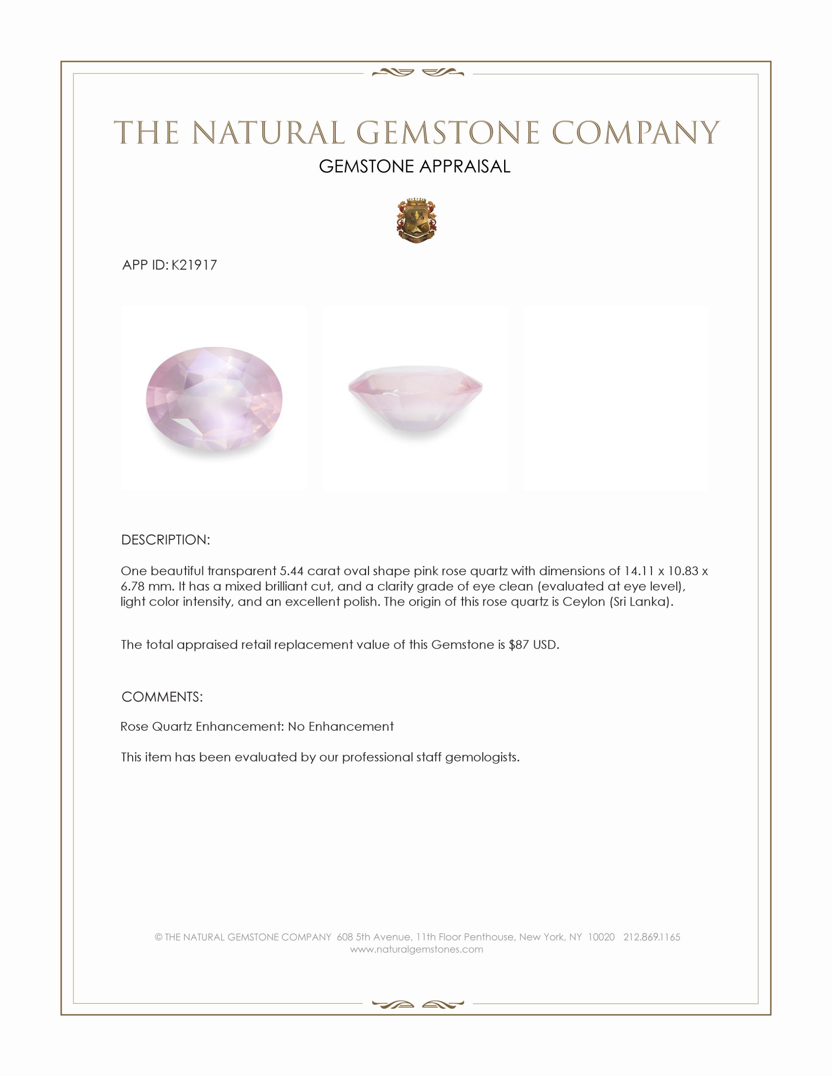 5.44 Ct. Rose Quartz from Ceylon (Sri Lanka)