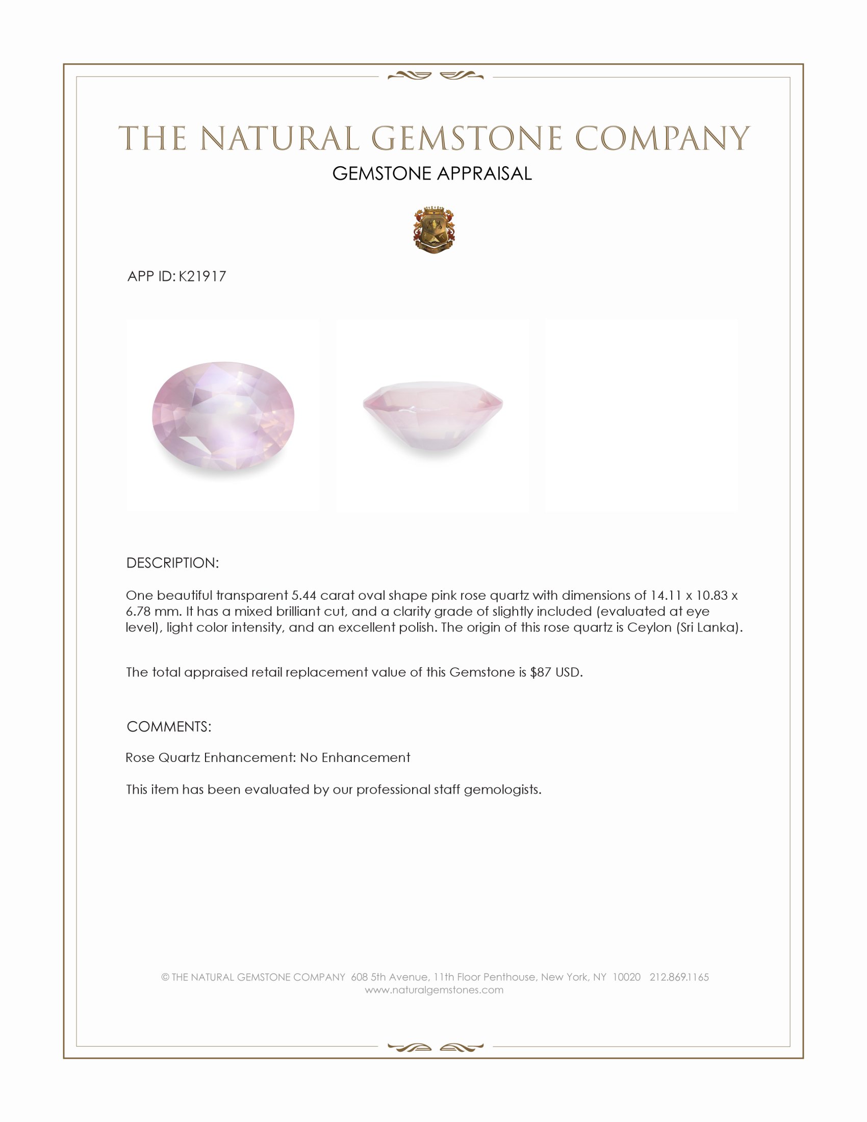 5.44 Ct. Pink Rose Quartz from Ceylon (Sri Lanka)
