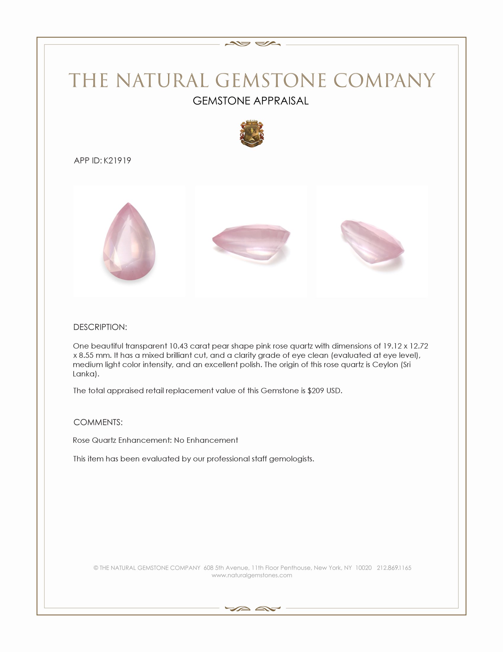 10.43 Ct. Rose Quartz from Ceylon (Sri Lanka)