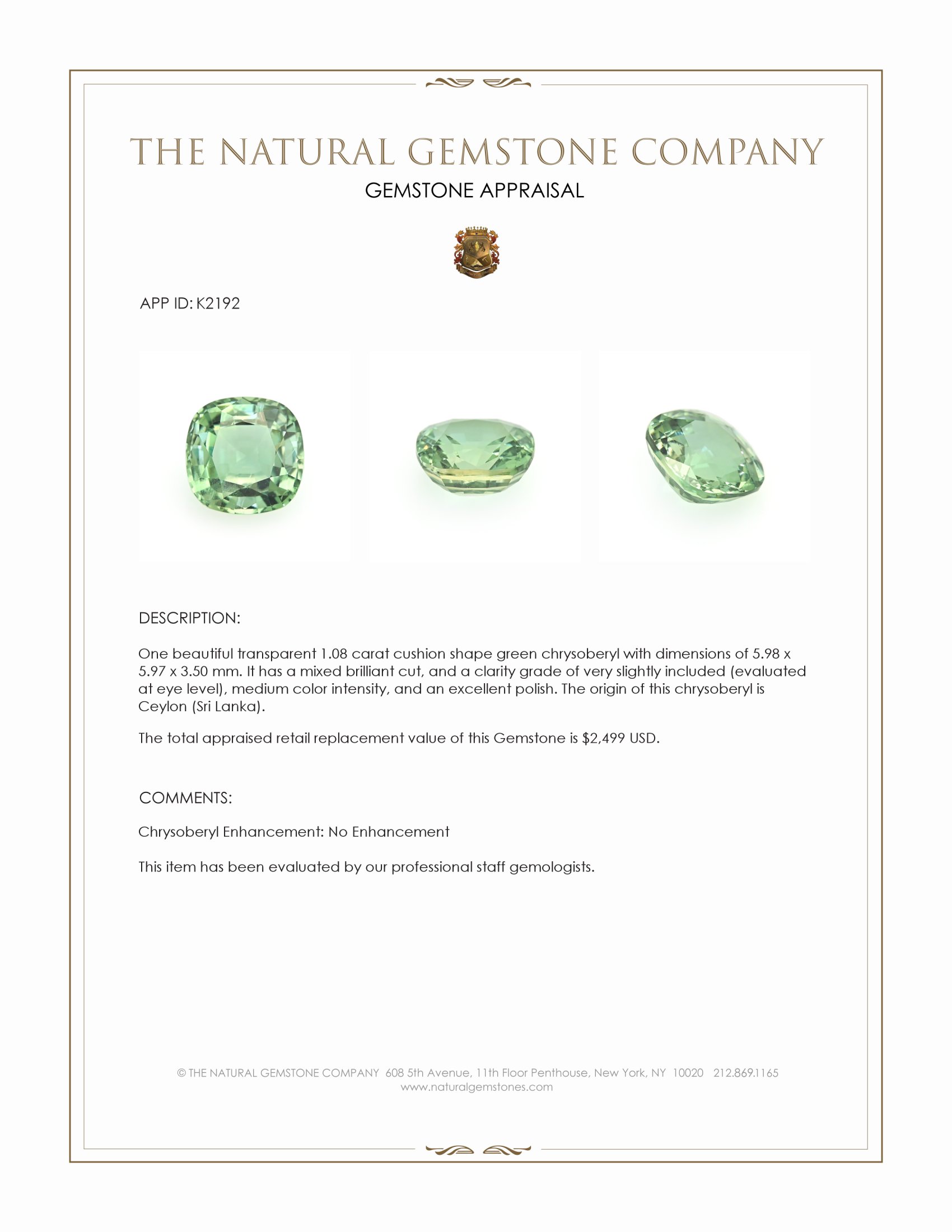 1.08 Ct. Green Chrysoberyl from Ceylon (Sri Lanka)