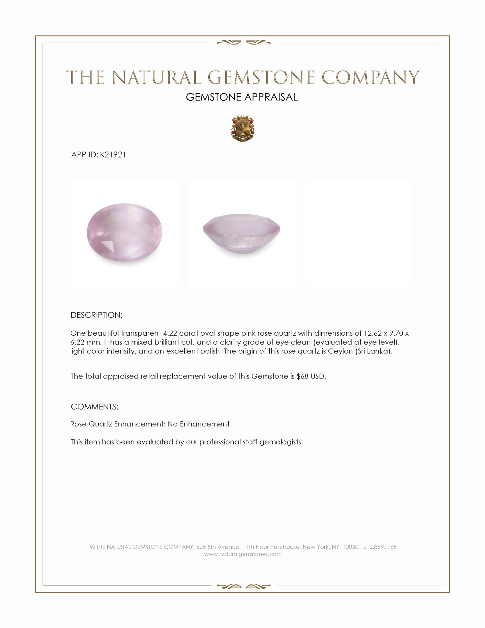 4.22 Ct. Pink Rose Quartz from Ceylon (Sri Lanka)