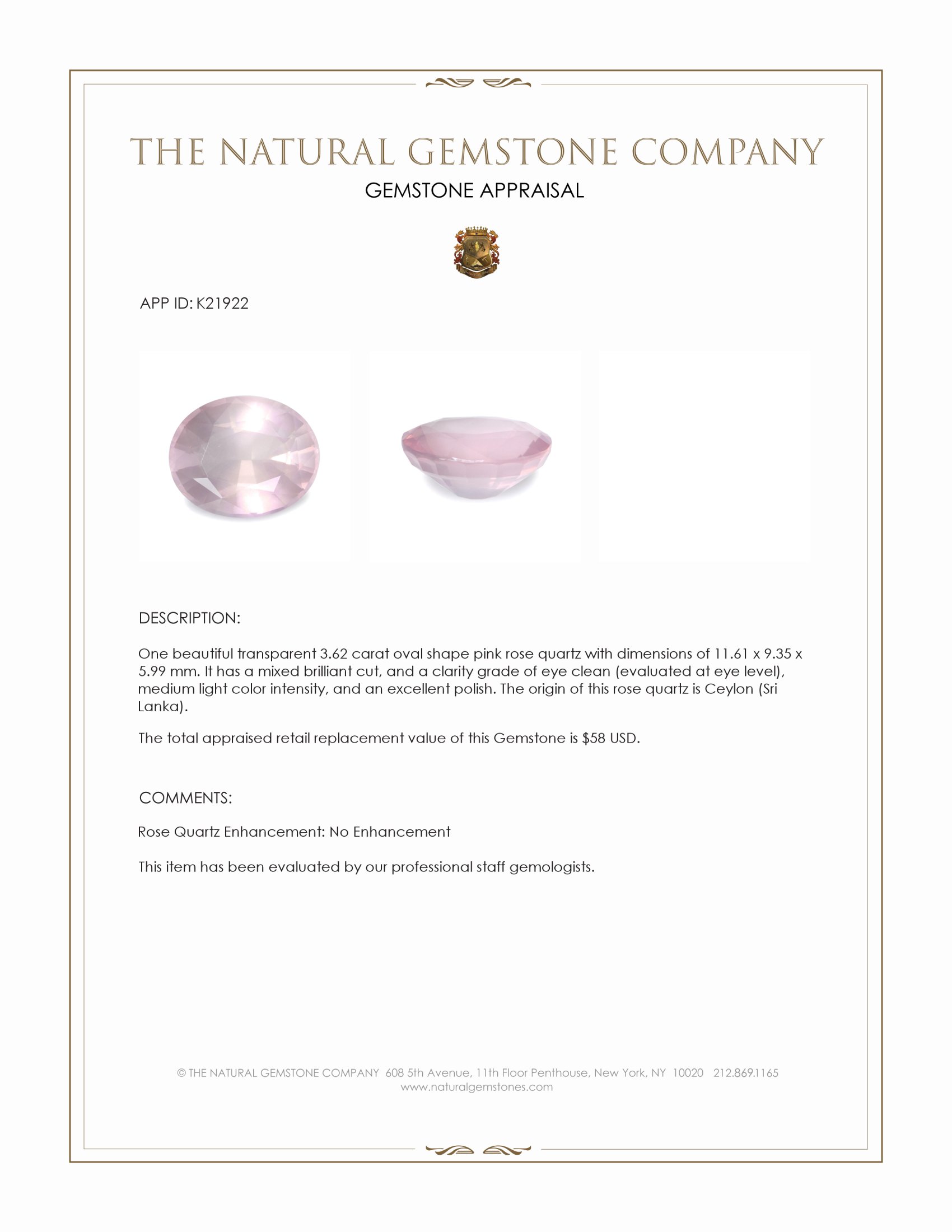 3.62 Ct. Rose Quartz from Ceylon (Sri Lanka)