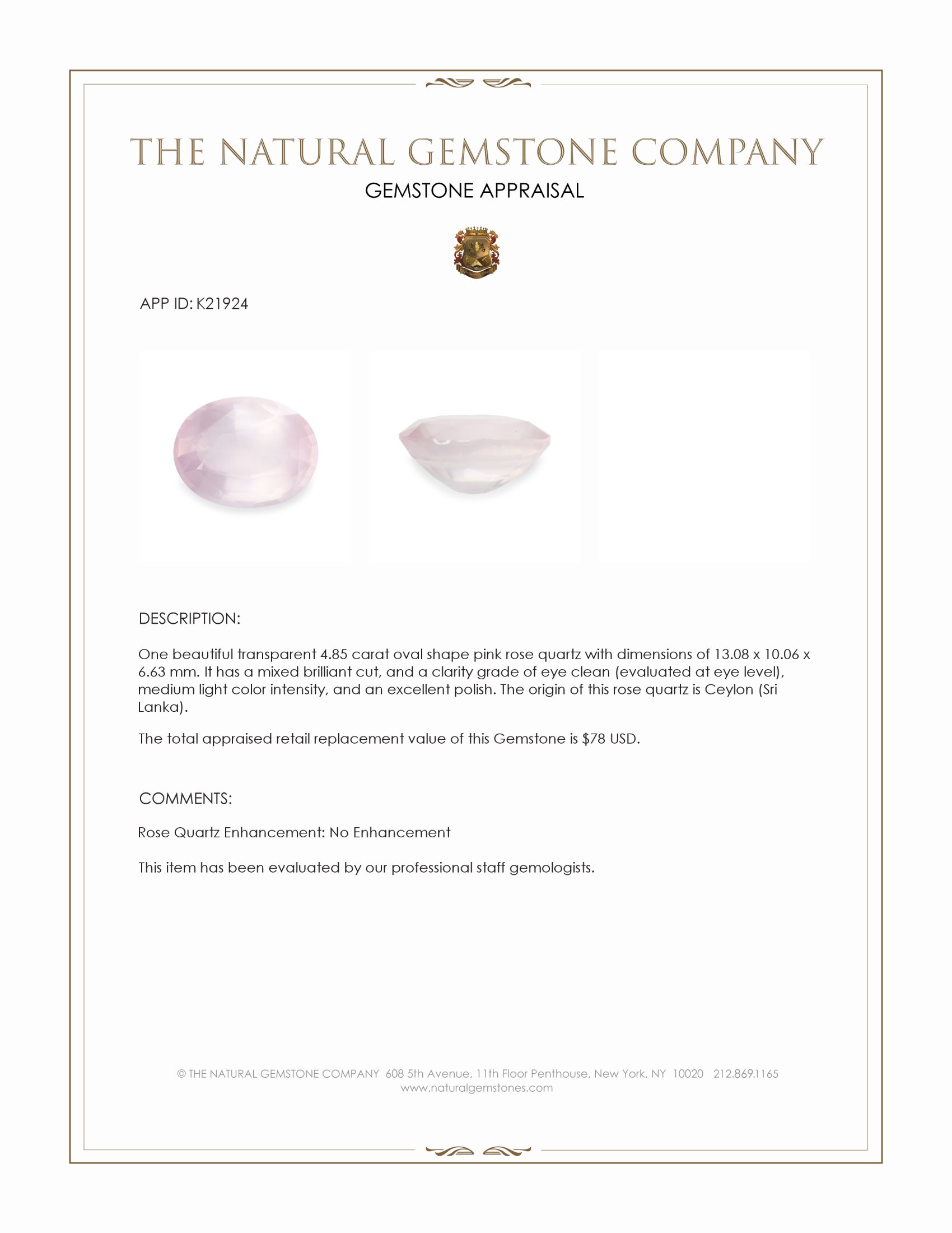 4.85 Ct. Rose Quartz from Ceylon (Sri Lanka)