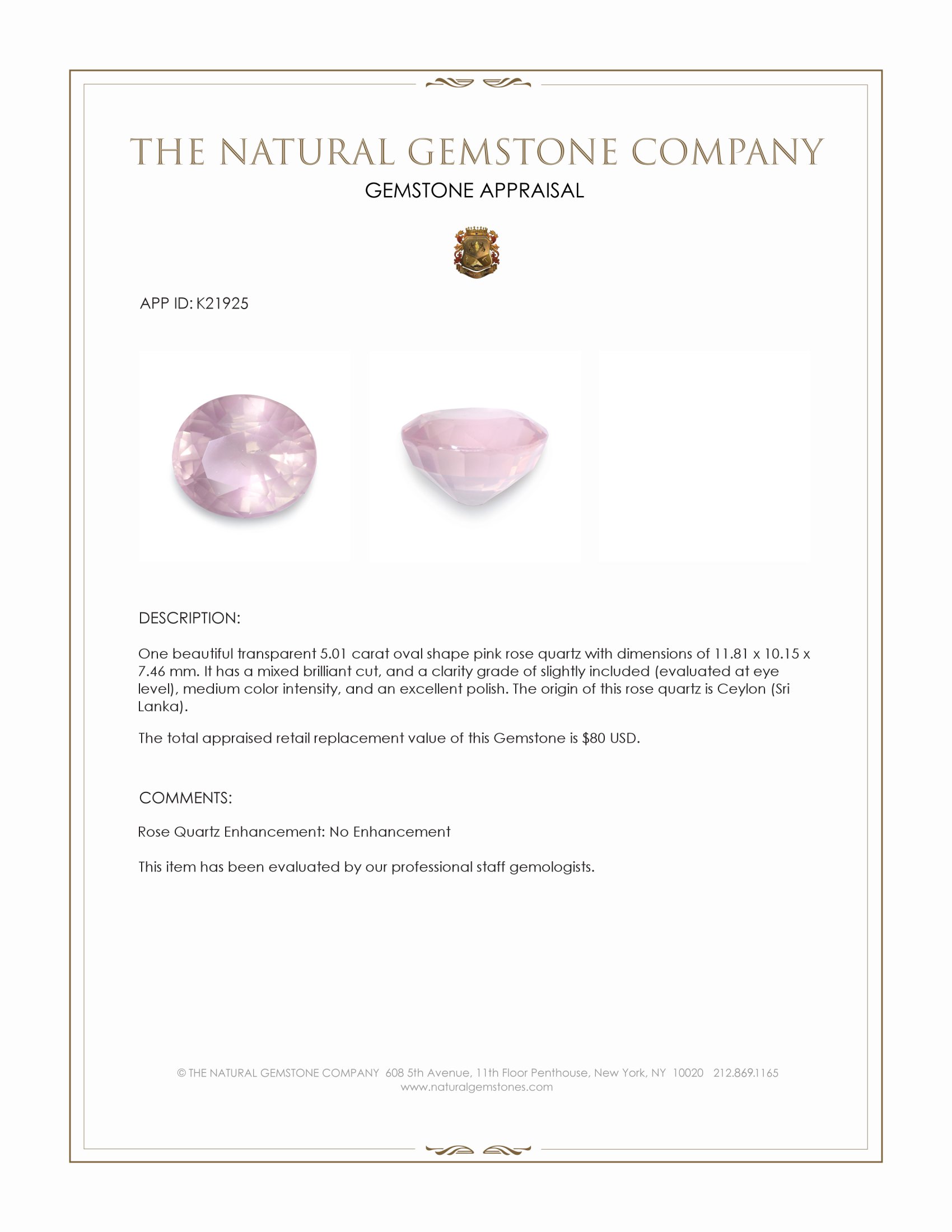 5.01 Ct. Pink Rose Quartz from Ceylon (Sri Lanka)