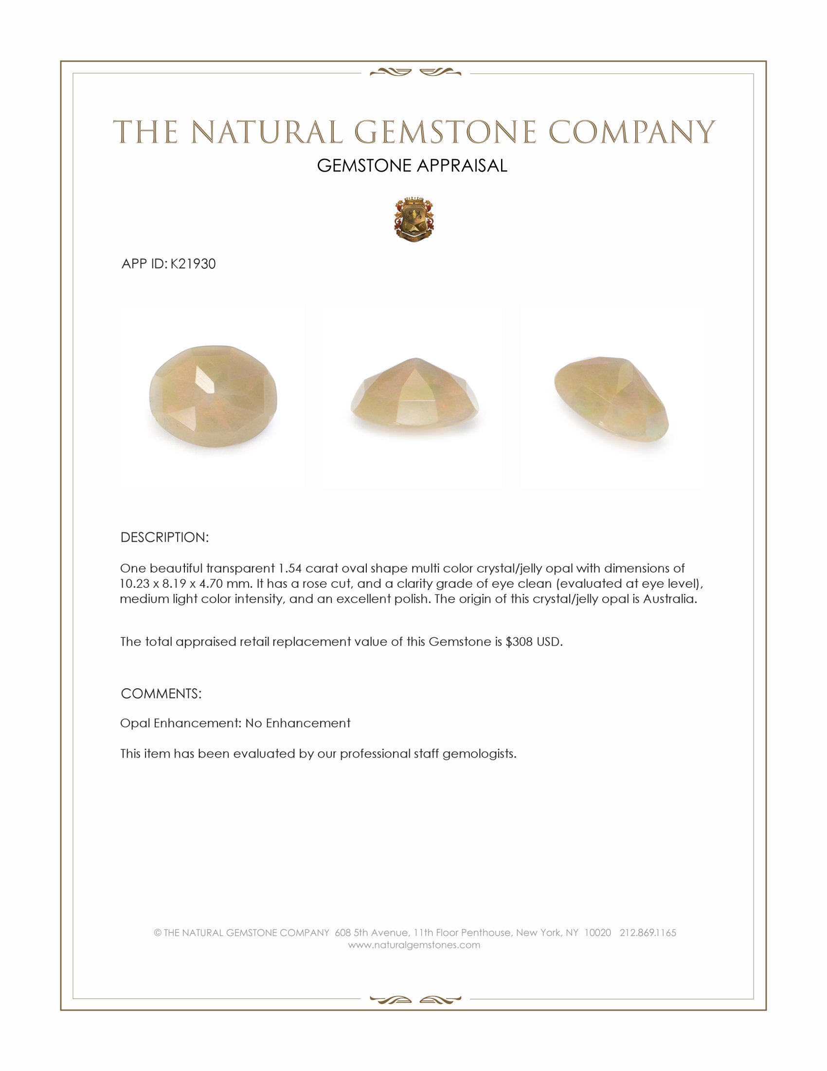 1.54 Ct. Crystal/Jelly Opal from Australia