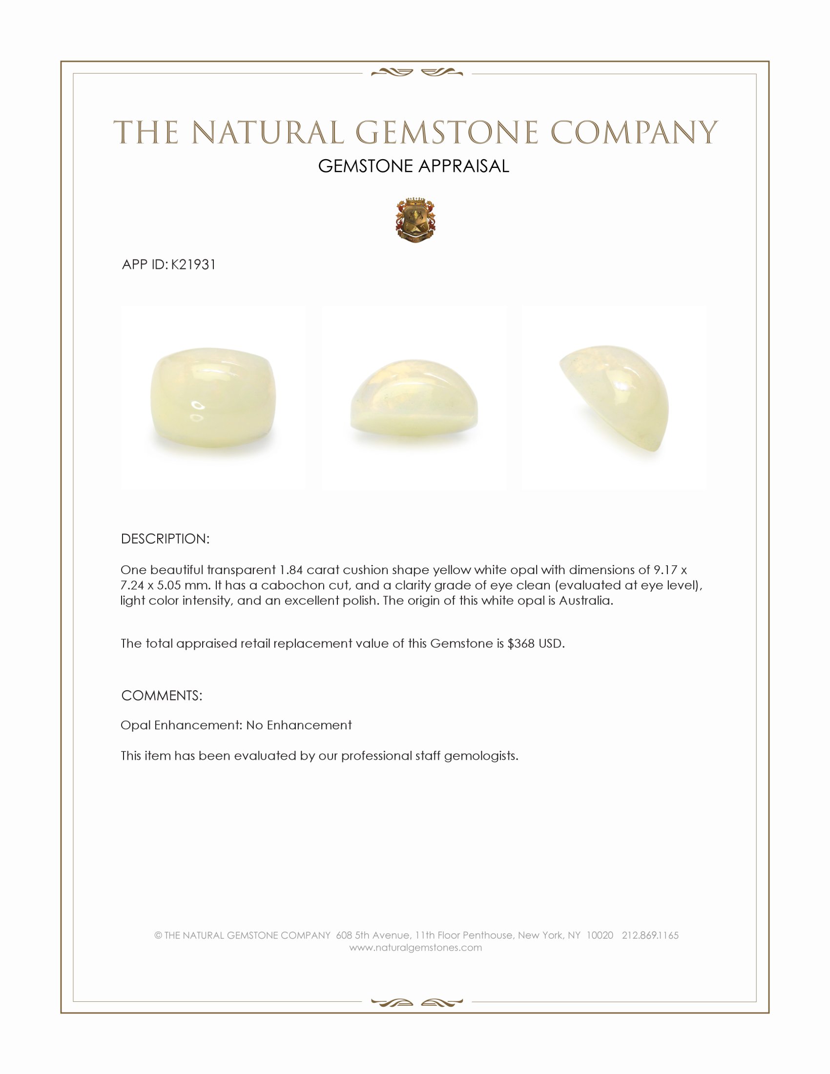 1.84 Ct. Yellow Cabochon White Opal (Light Opal) from Australia