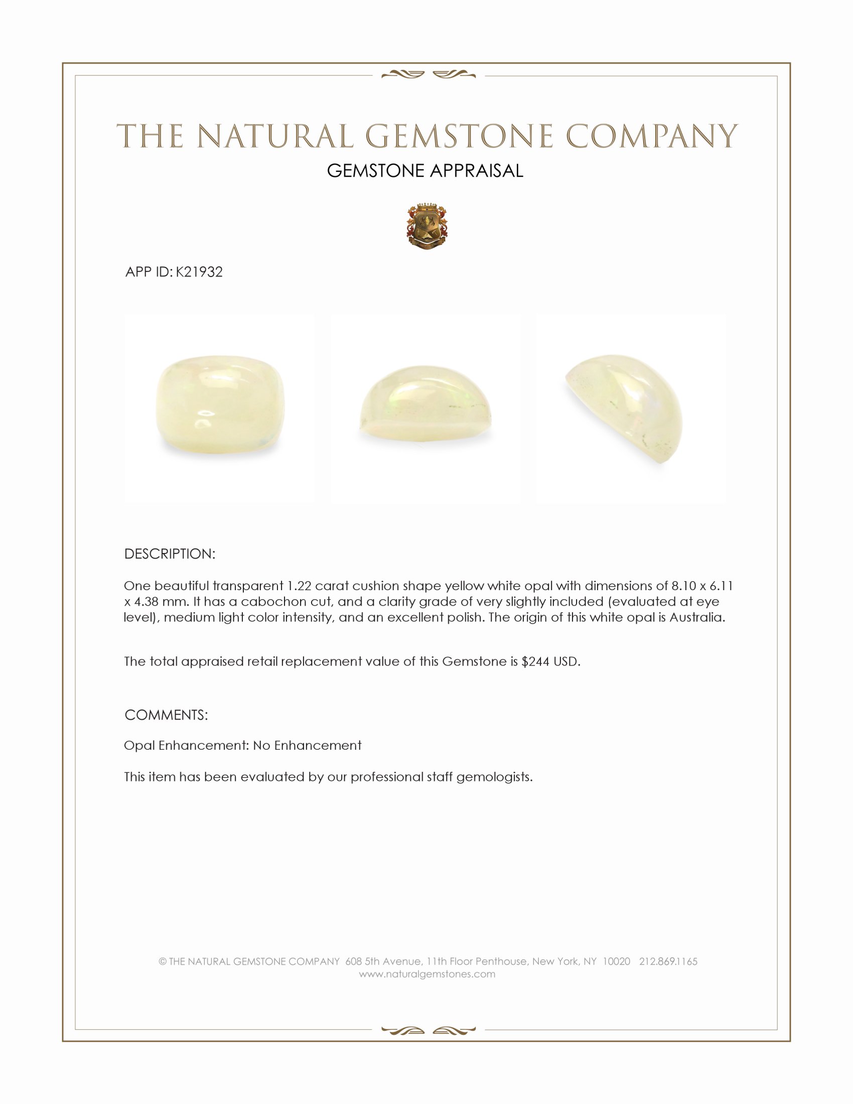 1.22 Ct. Cabochon White Opal from Australia