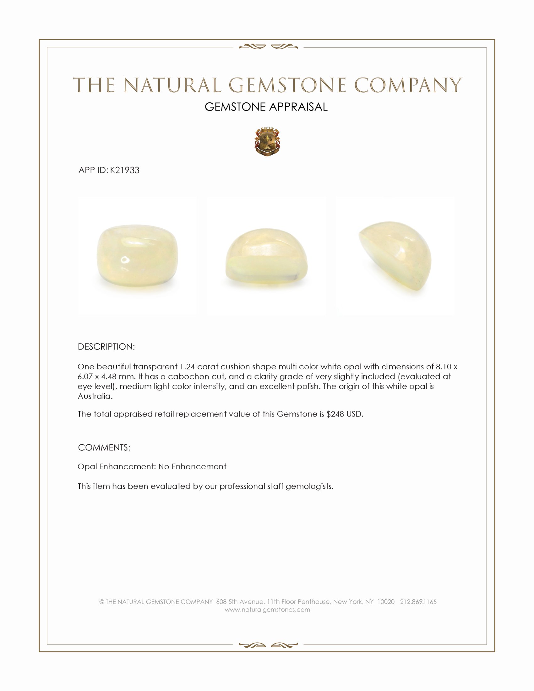 1.24 Ct. Cabochon White Opal from Australia