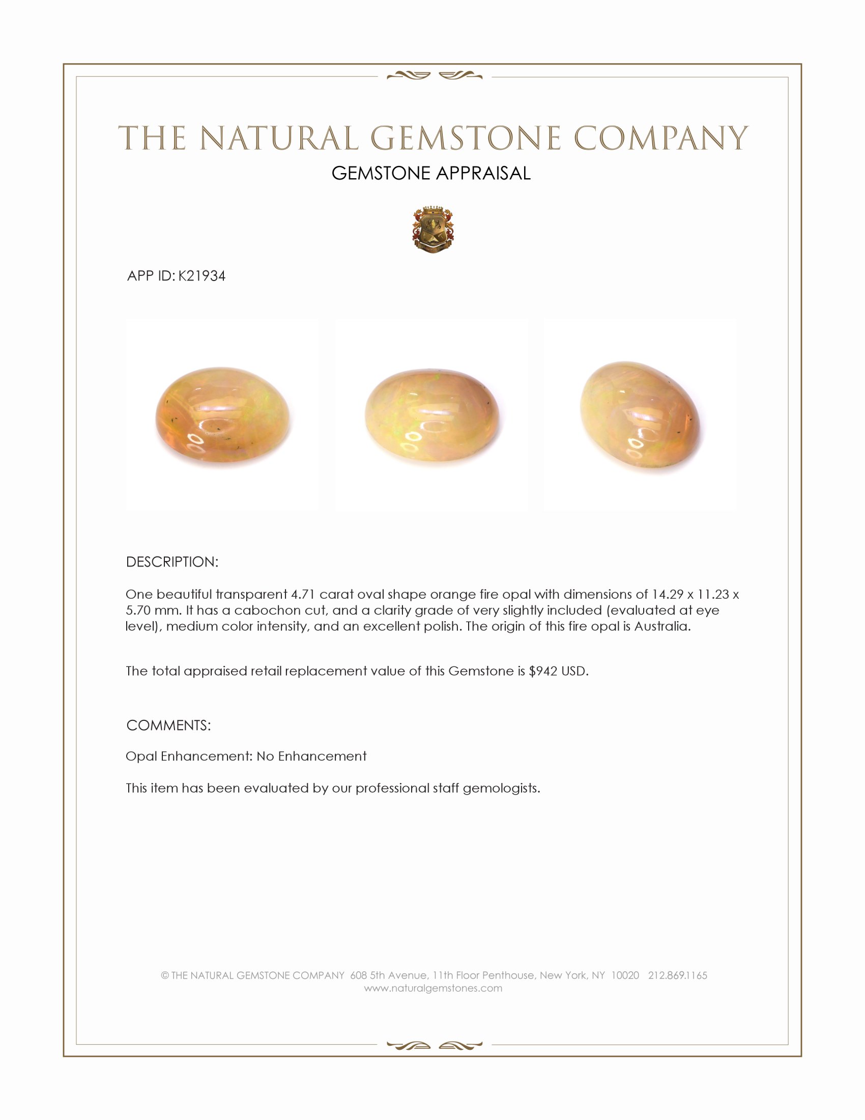 4.71 Ct. Orange Cabochon Fire Opal from Australia