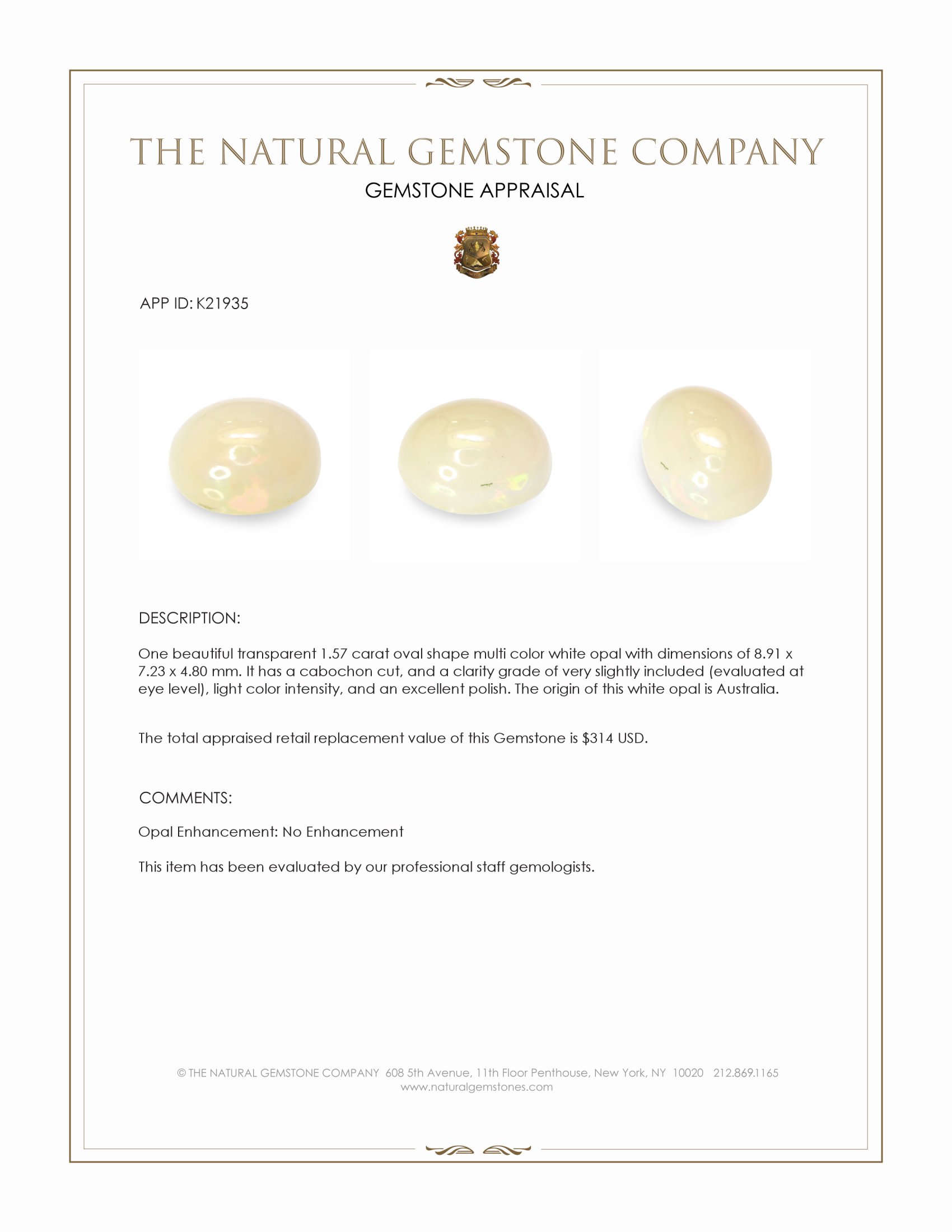 1.57 Ct. Multi Color Cabochon White Opal from Australia