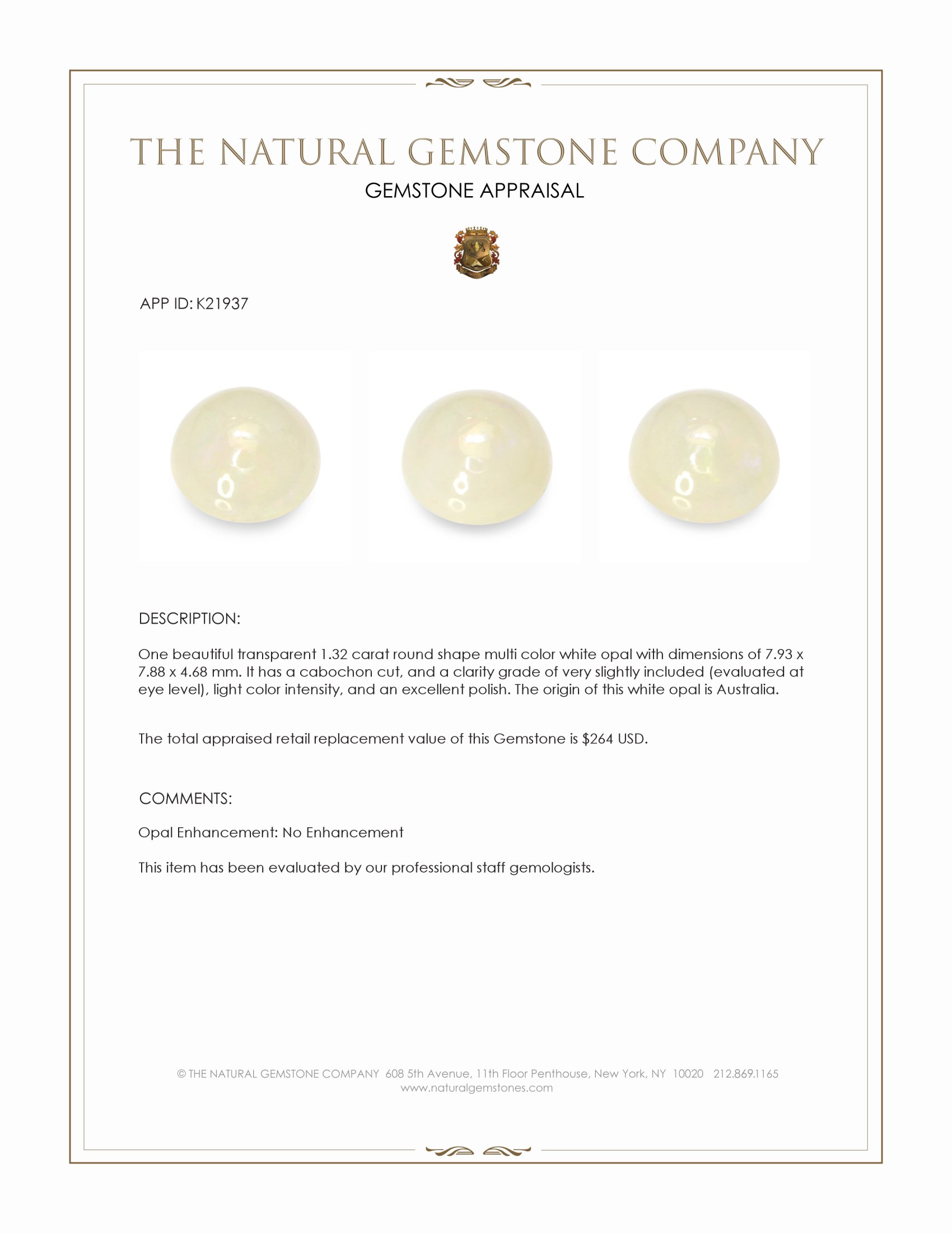 1.32 Ct. Cabochon White Opal from Australia