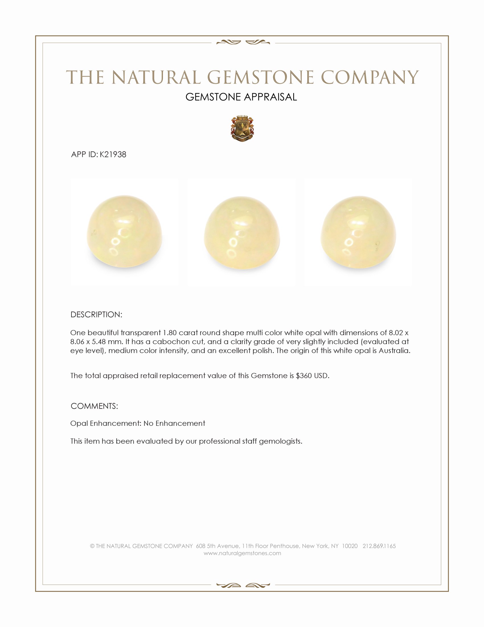 1.80 Ct. Cabochon White Opal from Australia