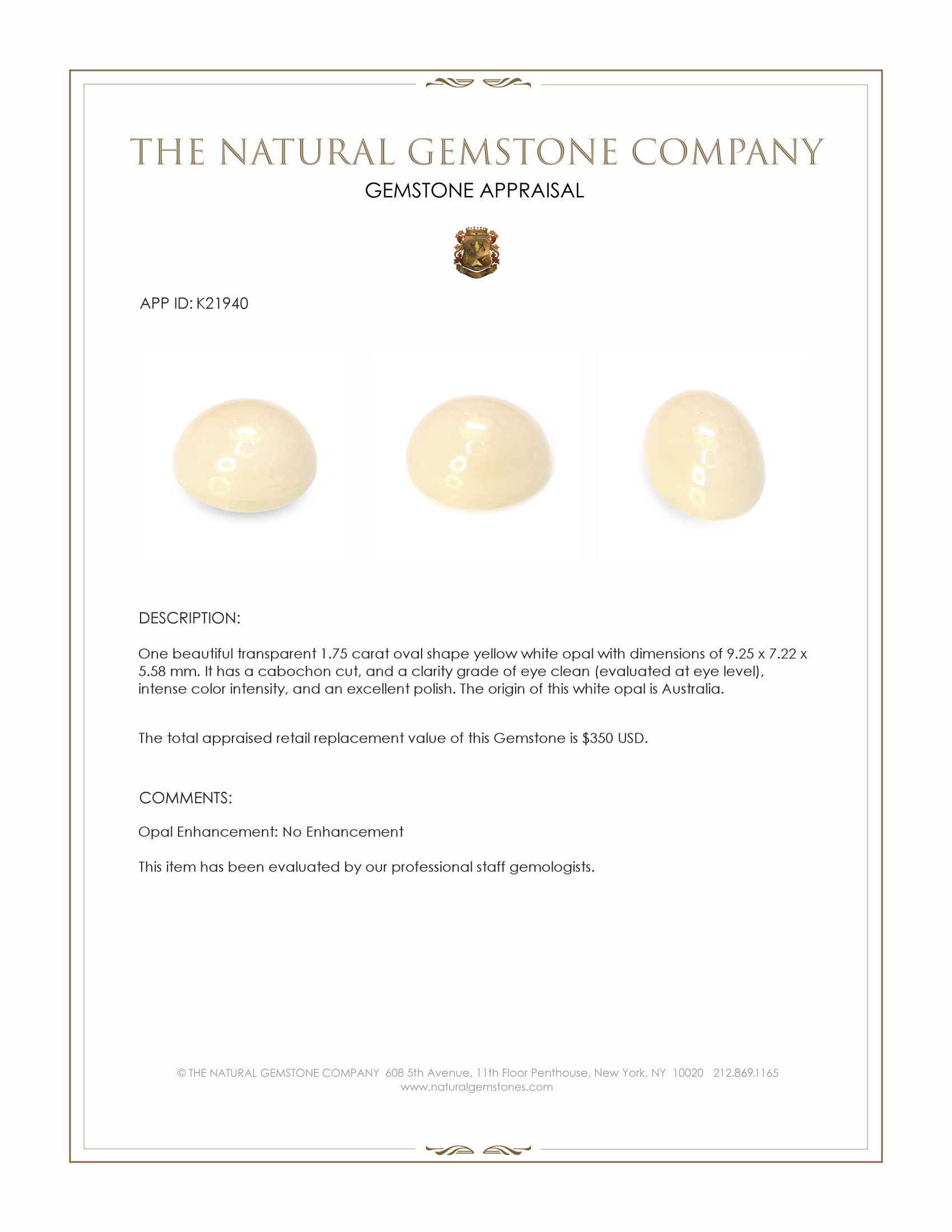 1.75 Ct. Cabochon White Opal from Australia