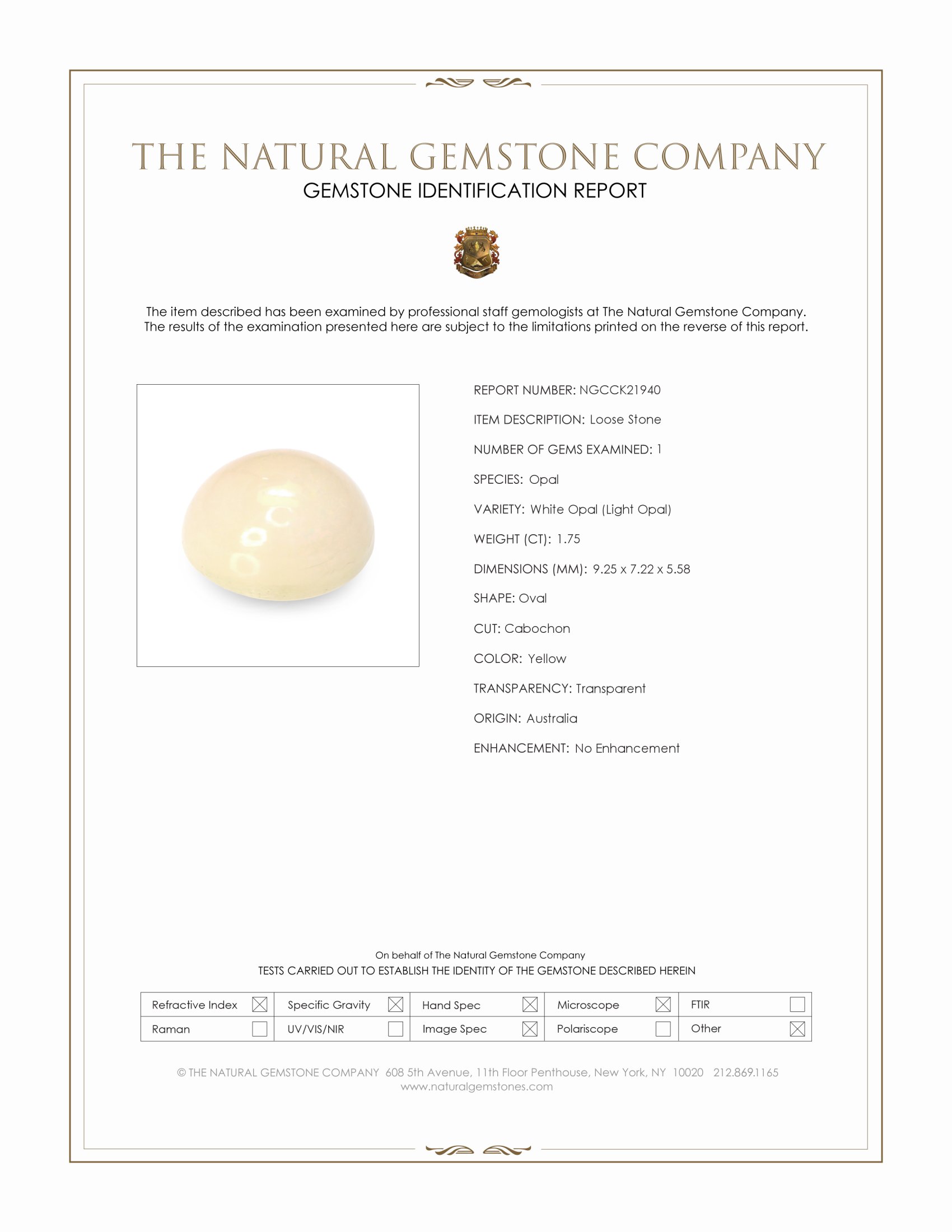 1.75 Ct. Yellow Cabochon White Opal (Light Opal) from Australia