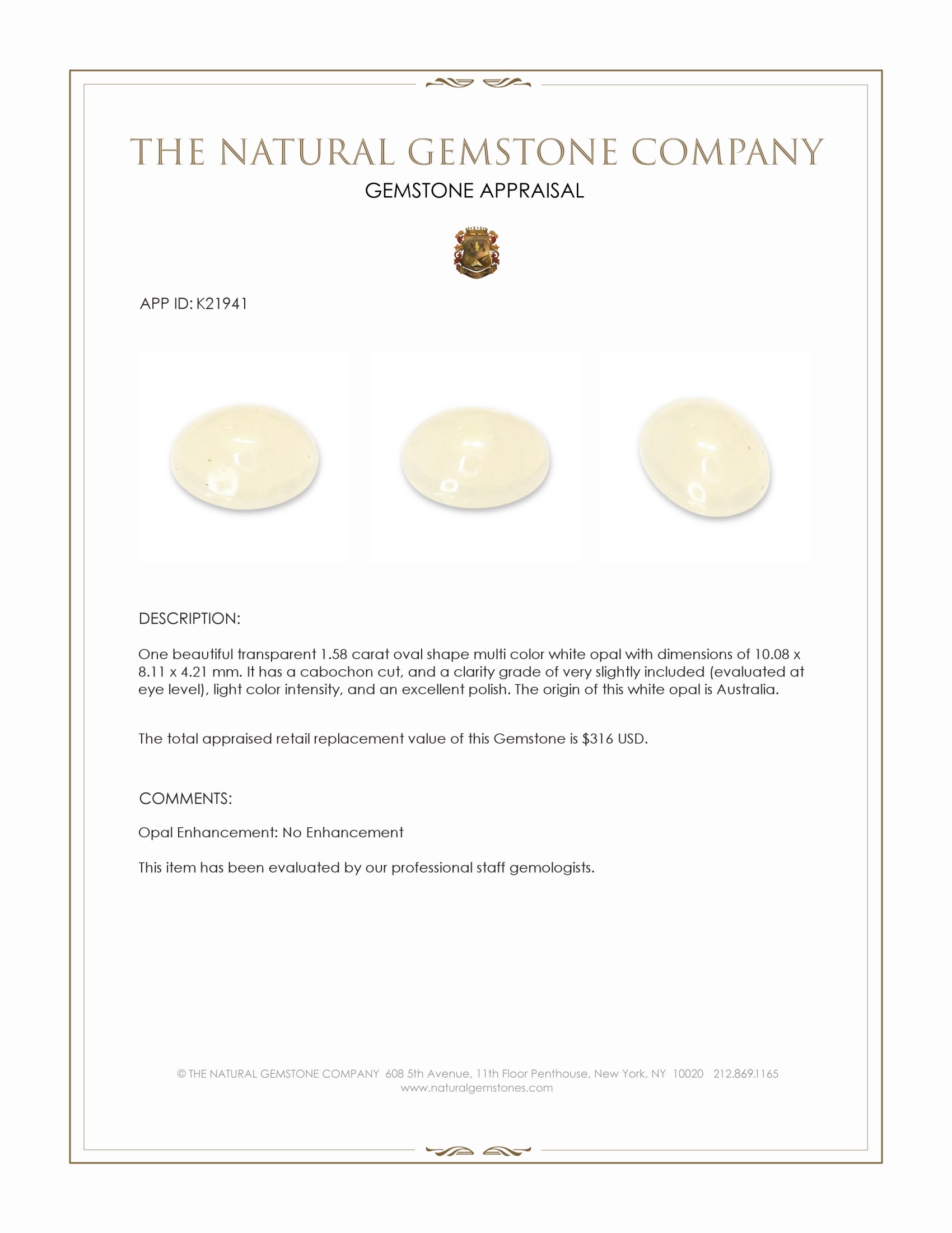 1.58 Ct. Cabochon White Opal from Australia