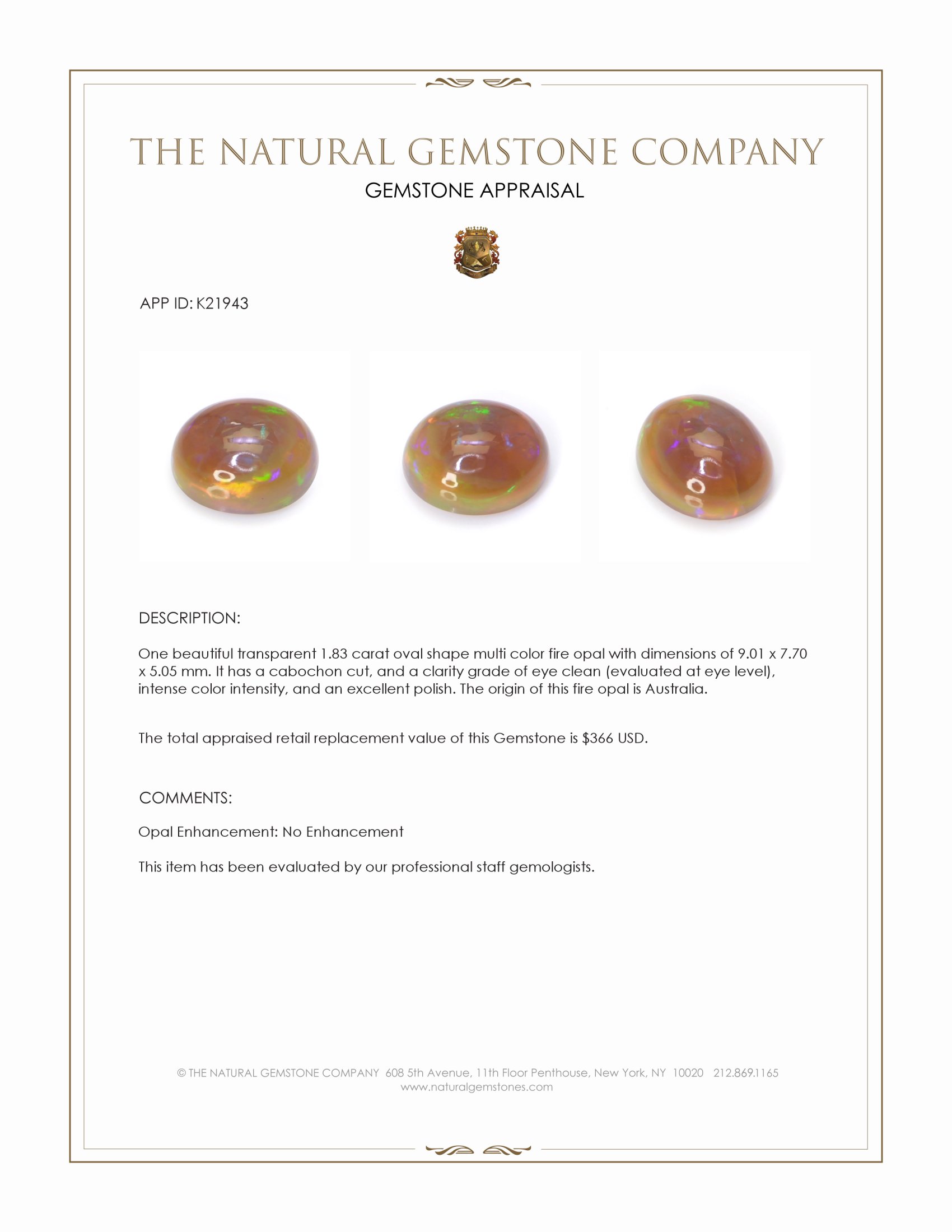 1.83 Ct. Multi Color Cabochon Fire Opal from Australia