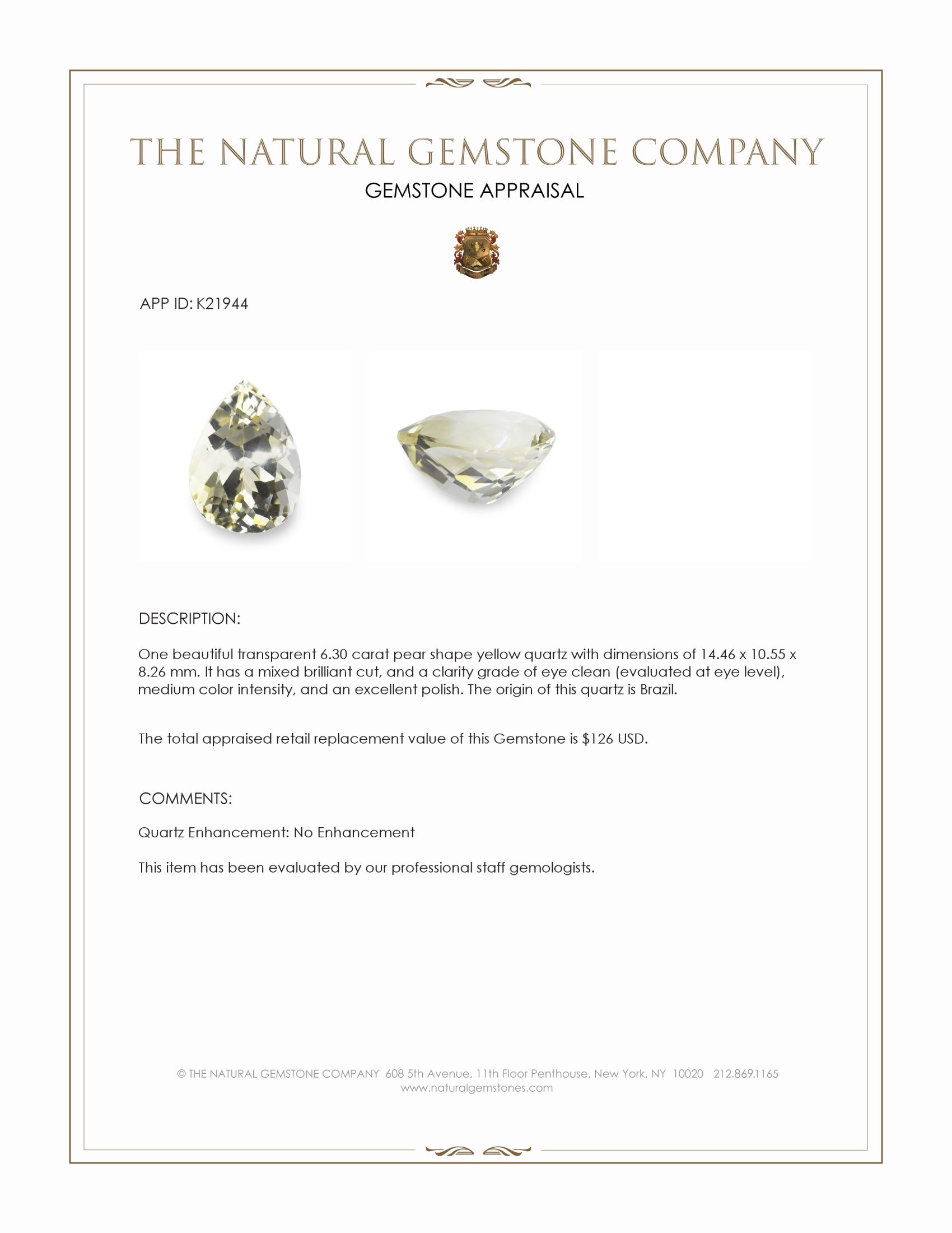 6.30 Ct. Yellow Quartz from Brazil