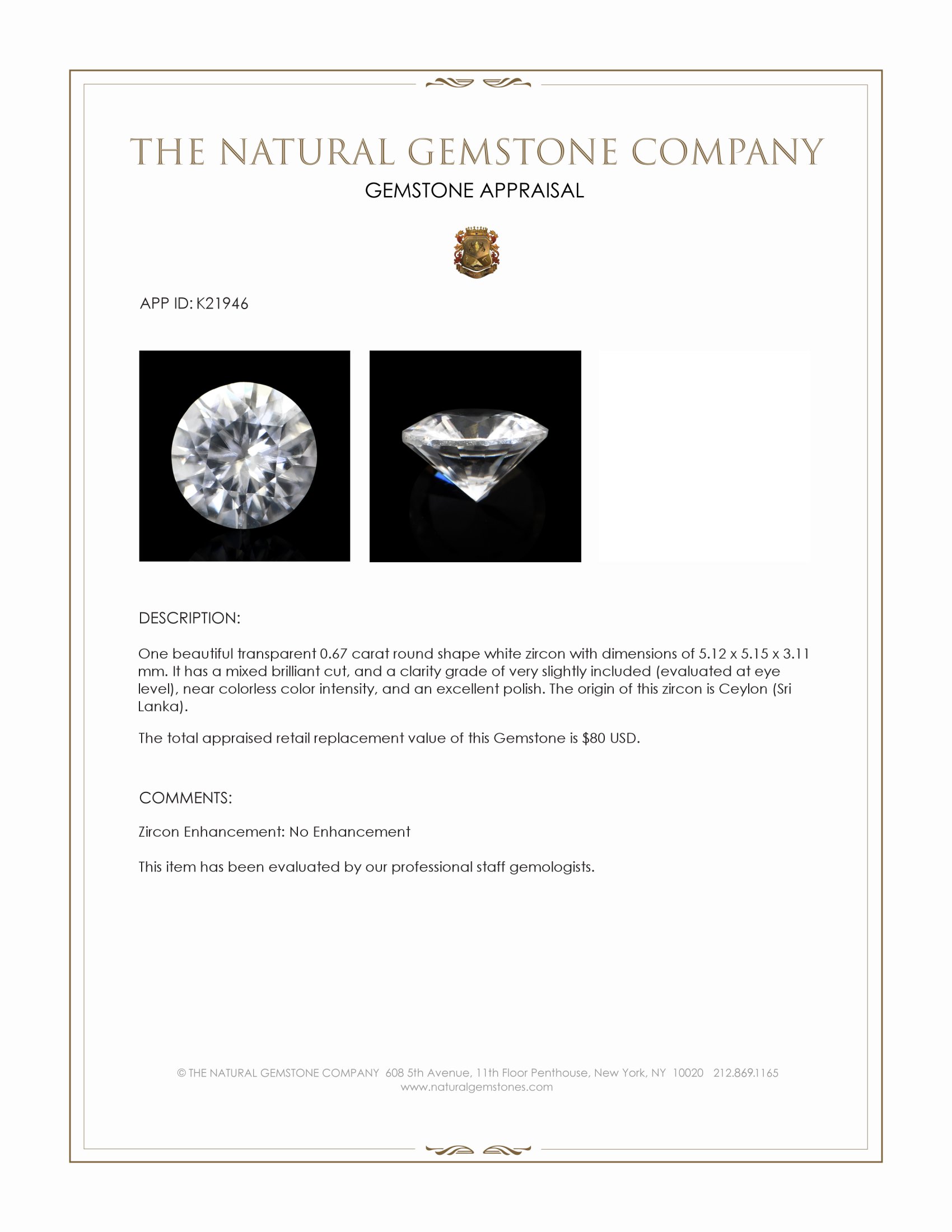 0.67 Ct. White Zircon from Ceylon (Sri Lanka)