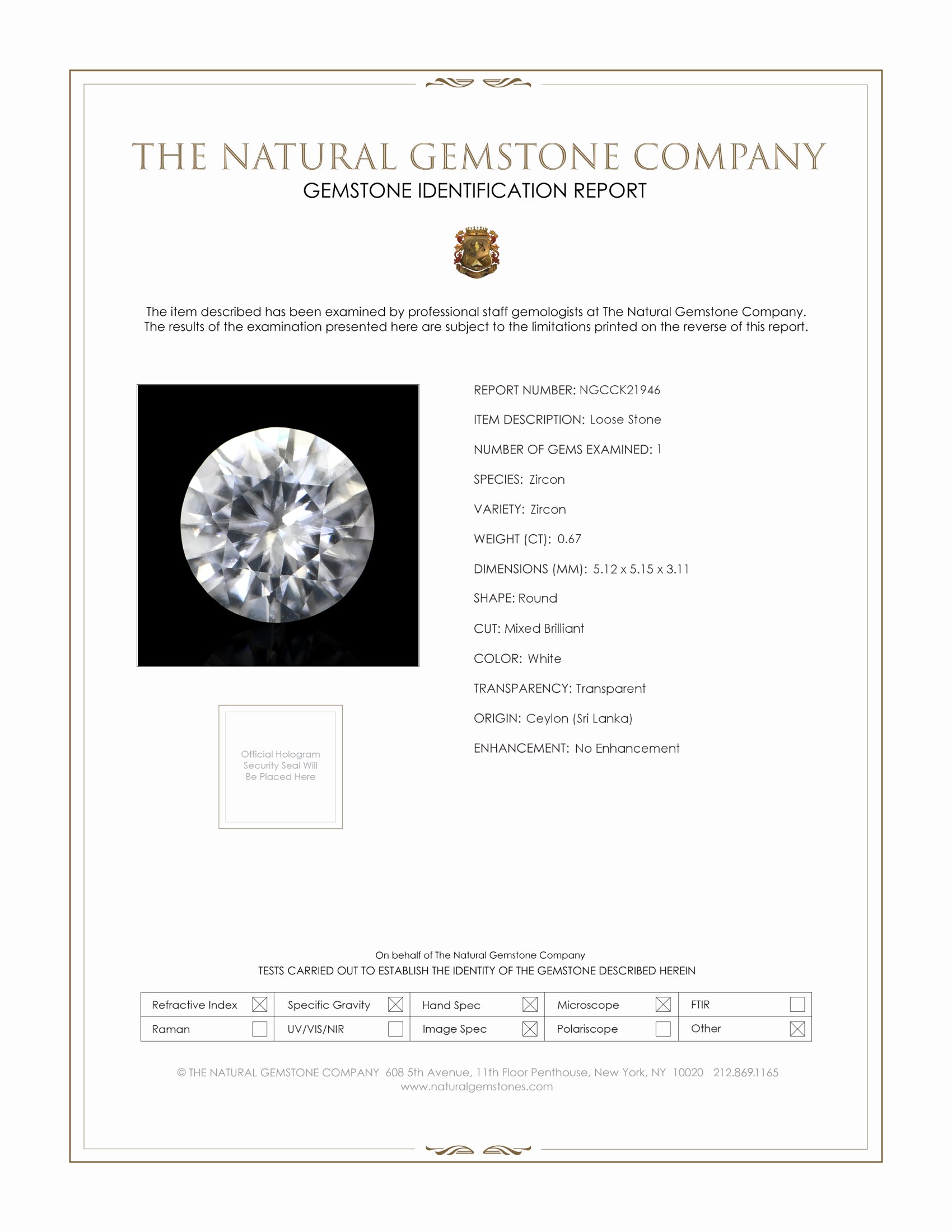 0.67 Ct. White Zircon from Ceylon (Sri Lanka)