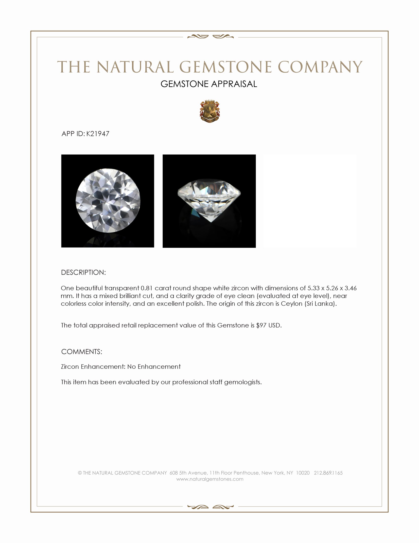 0.81 Ct. White Zircon from Ceylon (Sri Lanka)