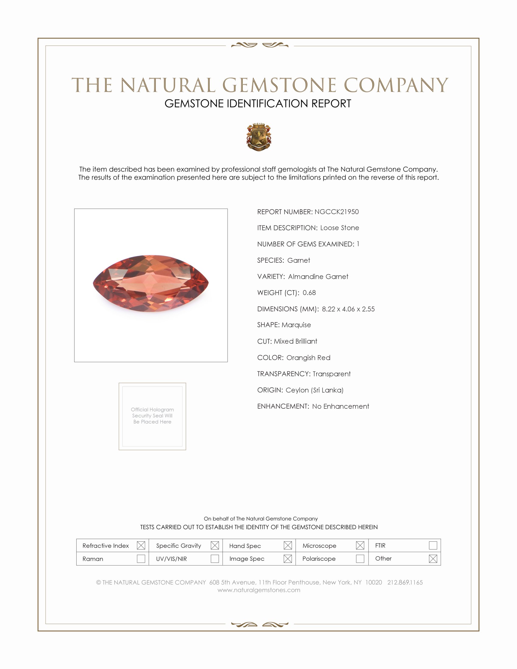 0.68 Ct. Orangish Red Almandine Garnet from Ceylon (Sri Lanka)