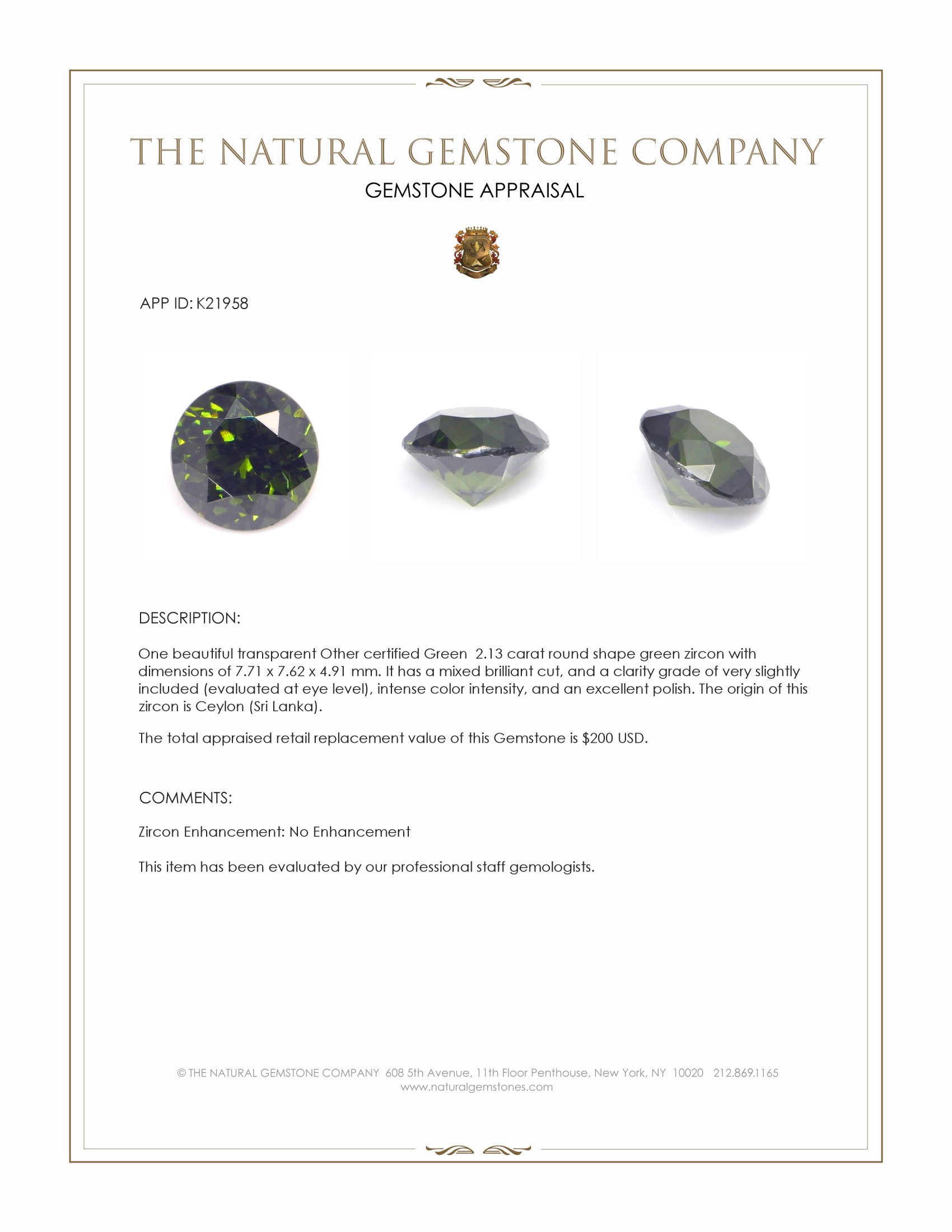 2.13 Ct. Green Zircon from Ceylon (Sri Lanka)