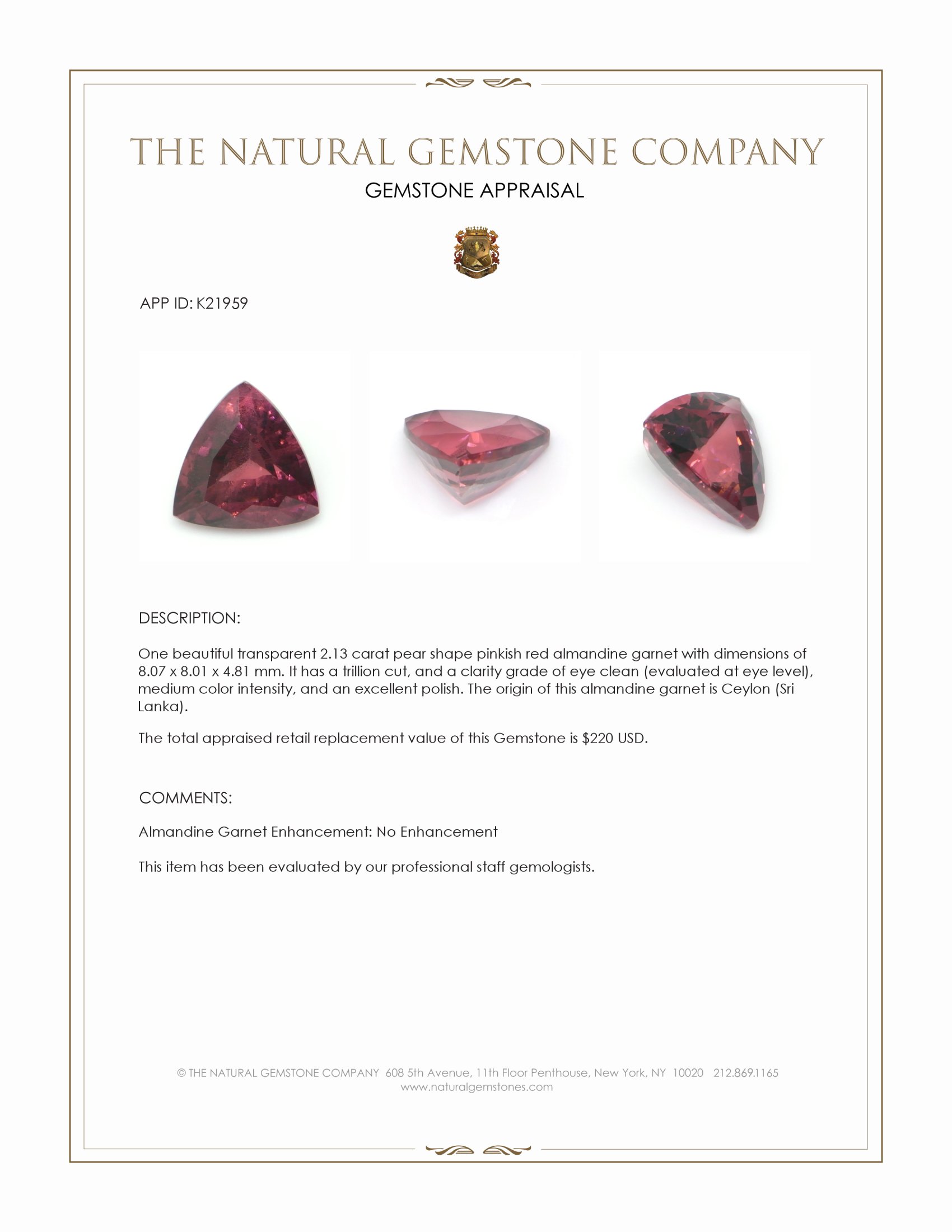 2.13 Ct. Almandine Garnet from Ceylon (Sri Lanka)