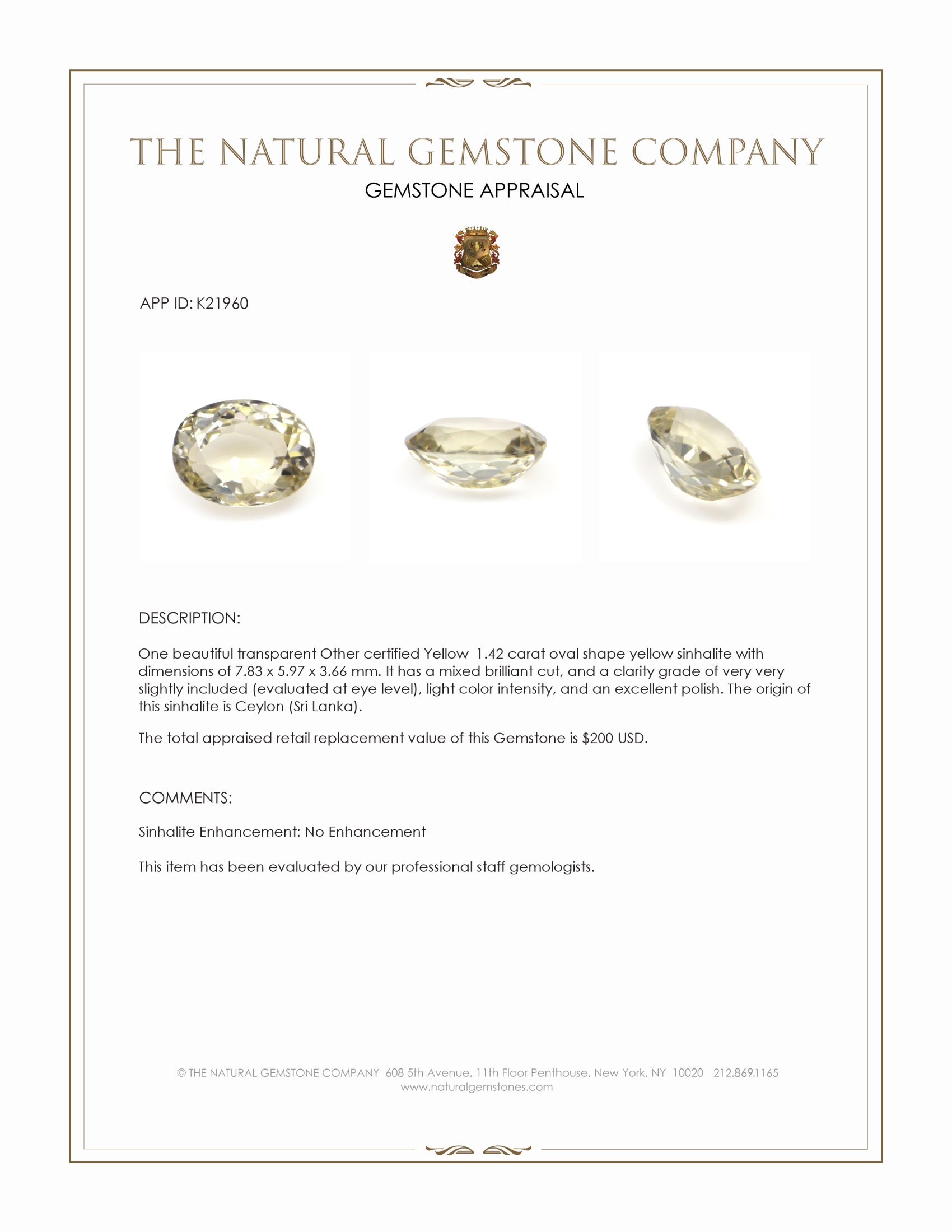 1.42 Ct. Yellow Sinhalite from Ceylon (Sri Lanka)