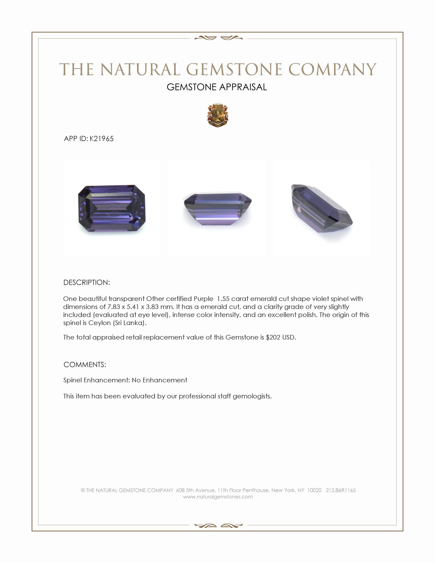 1.55 Ct. Violet Spinel from Ceylon (Sri Lanka)