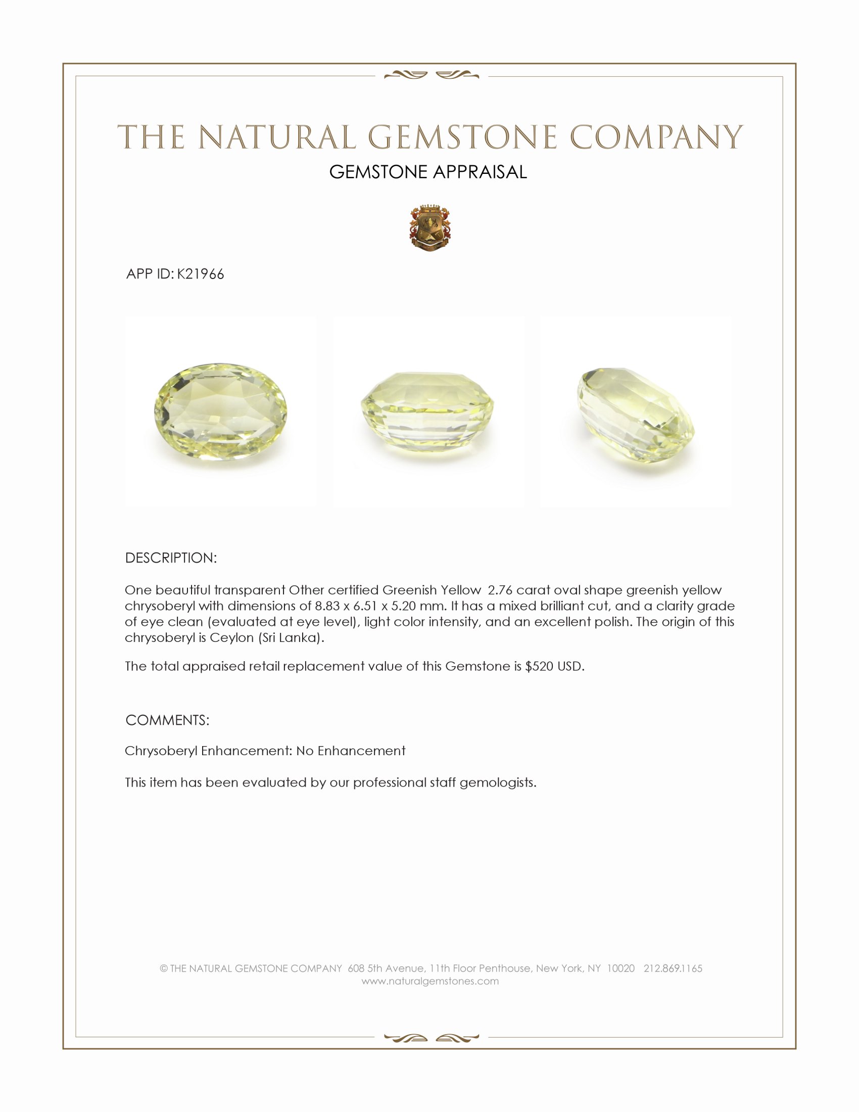 2.76 Ct. Chrysoberyl from Ceylon (Sri Lanka)