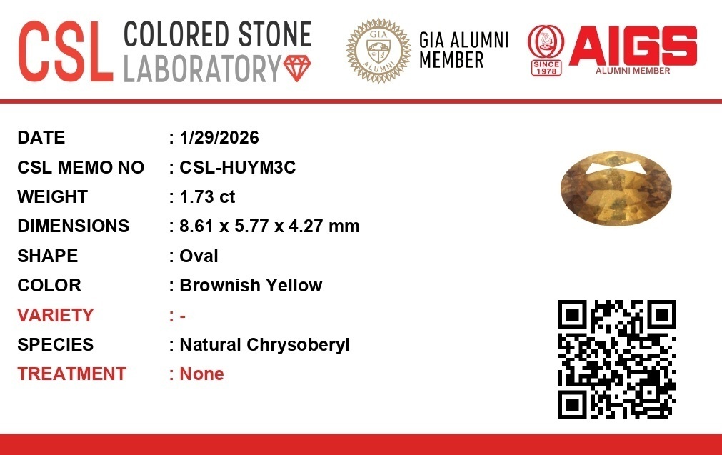 1.72 Ct. Brownish Yellow Chrysoberyl from Ceylon (Sri Lanka)