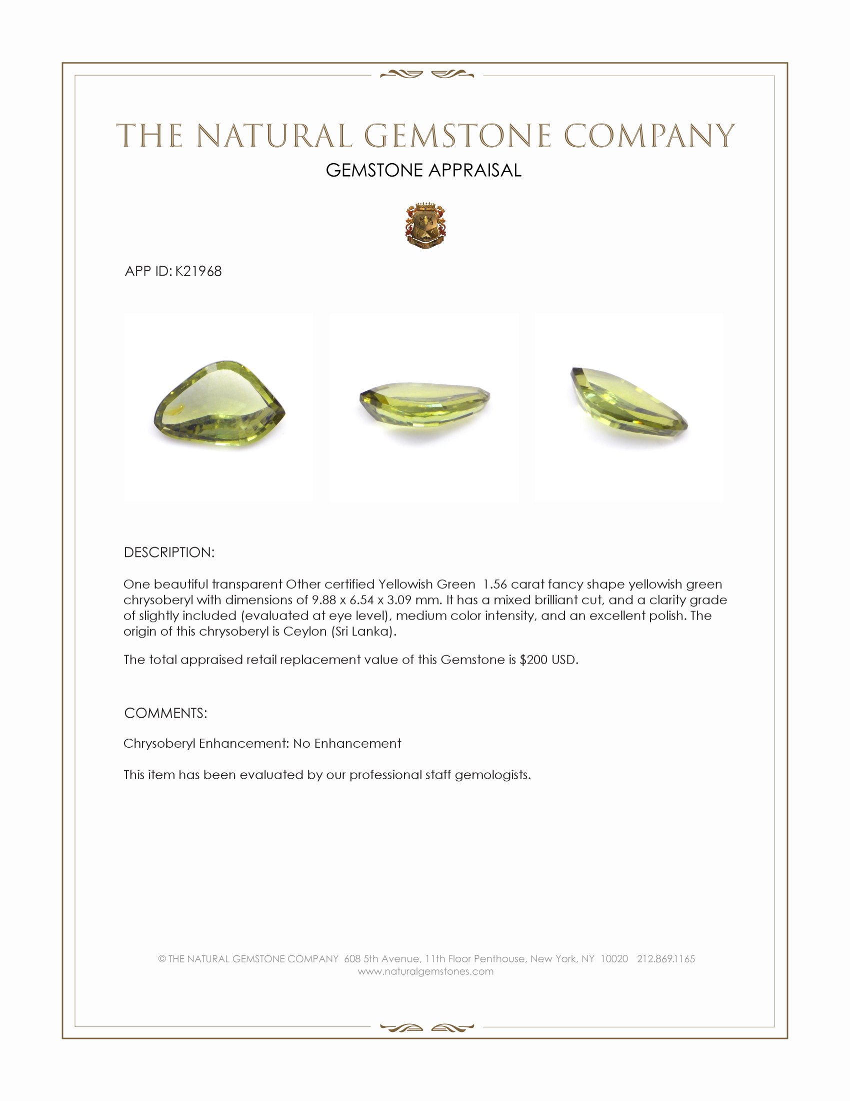 1.56 Ct. Chrysoberyl from Ceylon (Sri Lanka)