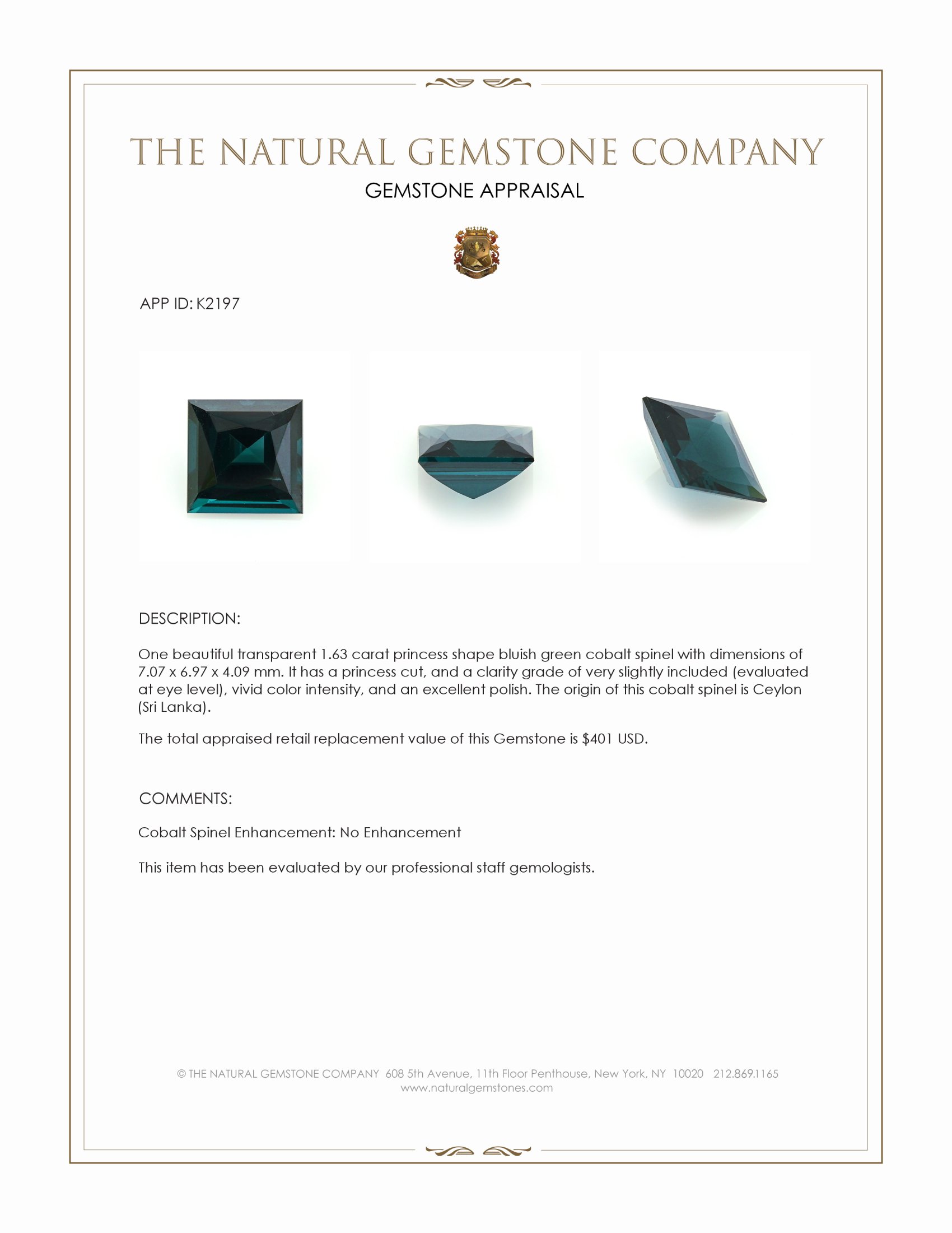 1.63 Ct. Cobalt Spinel from Ceylon (Sri Lanka)