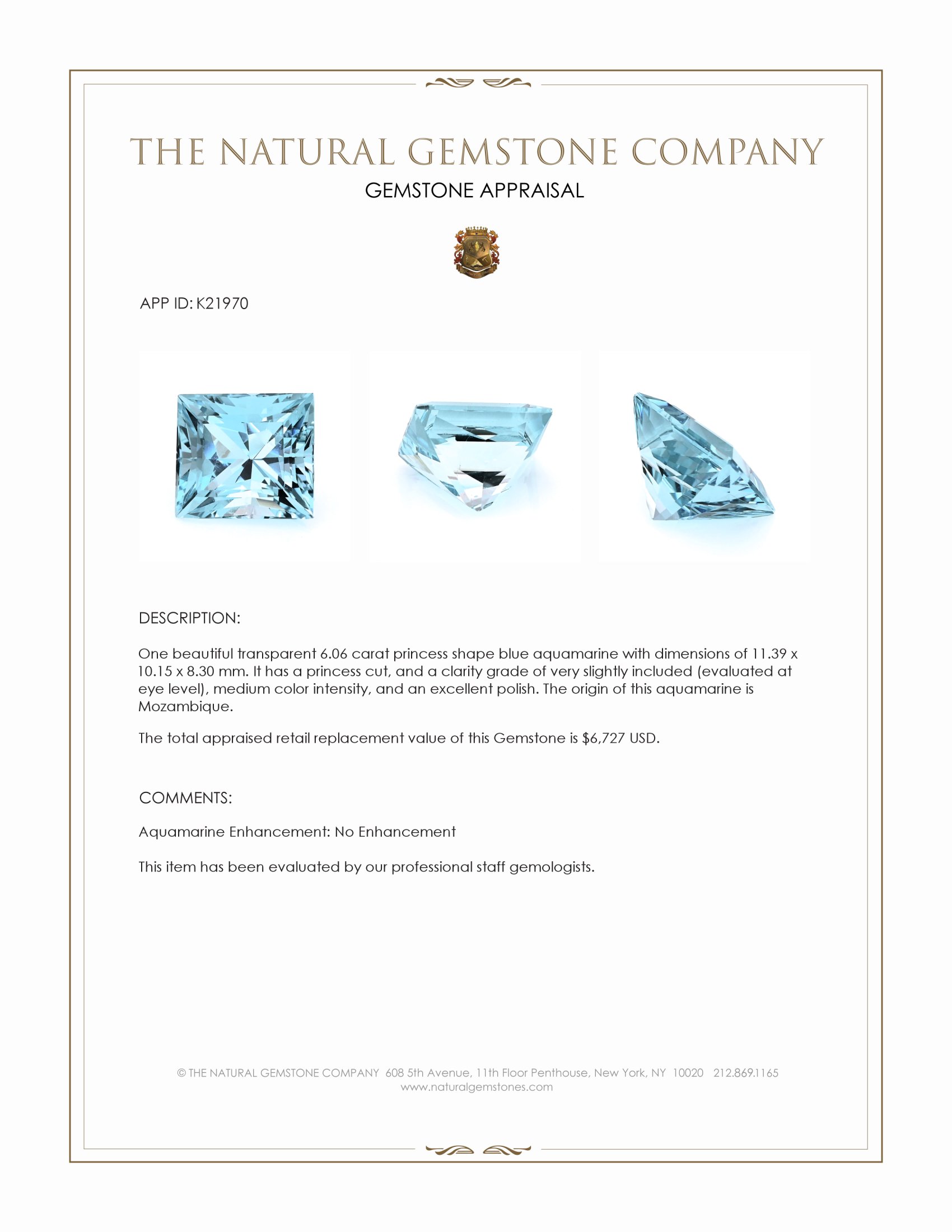 6.06 Ct. Blue Aquamarine from Mozambique