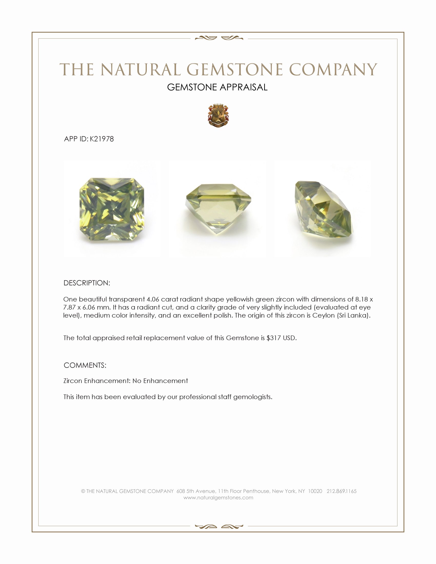 4.06 Ct. Yellowish Green Zircon from Ceylon (Sri Lanka)