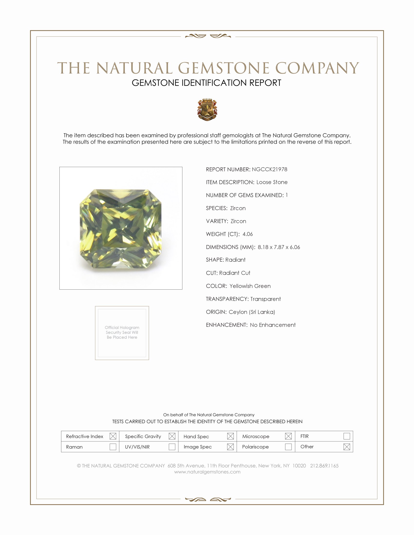 4.06 Ct. Yellowish Green Zircon from Ceylon (Sri Lanka)