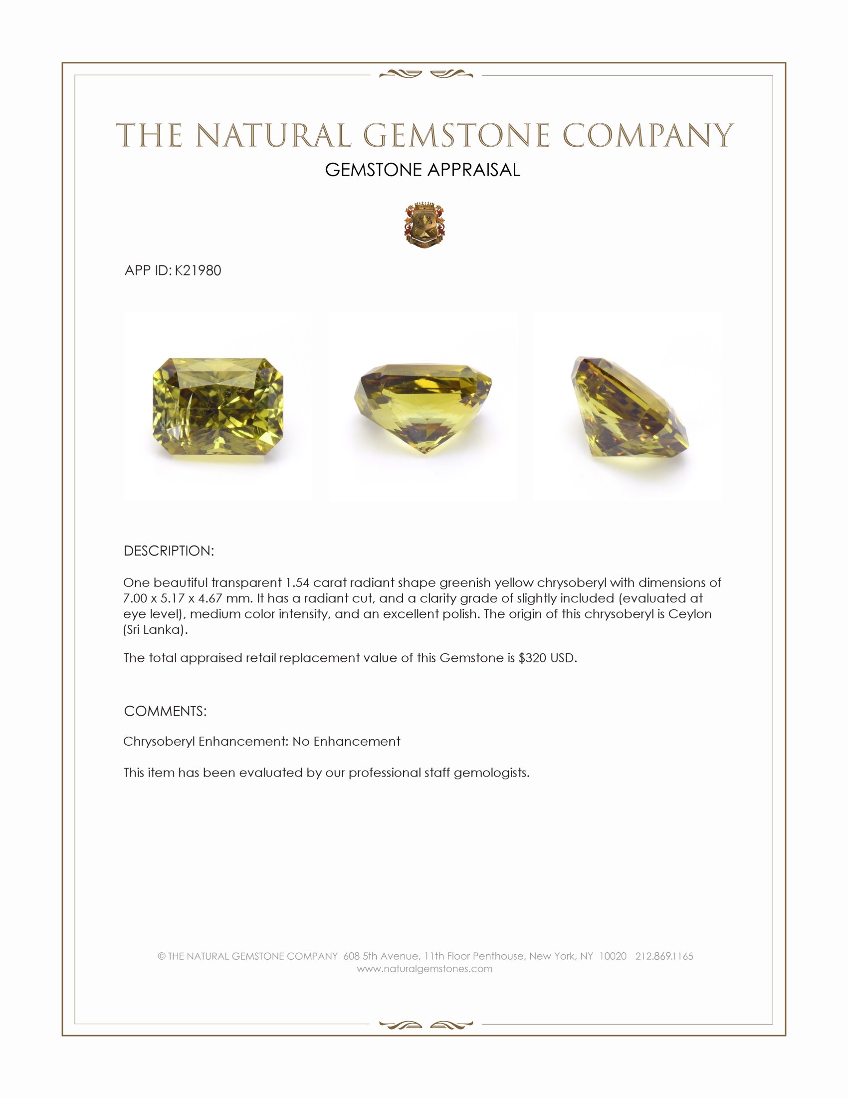 1.54 Ct. Chrysoberyl from Ceylon (Sri Lanka)
