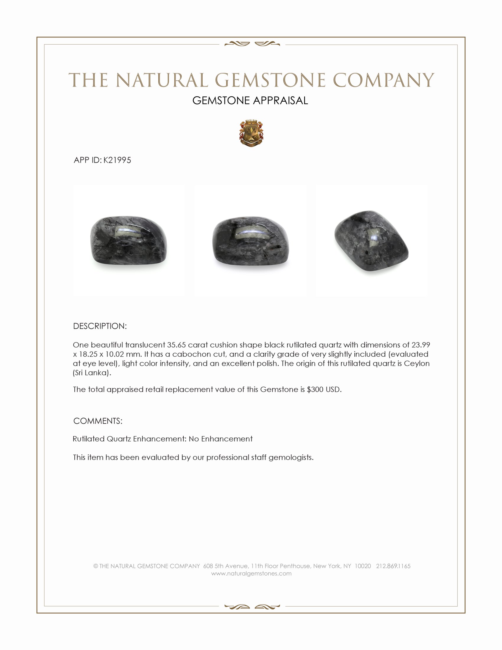 35.65 Ct. Cabochon Rutilated Quartz from Ceylon (Sri Lanka)