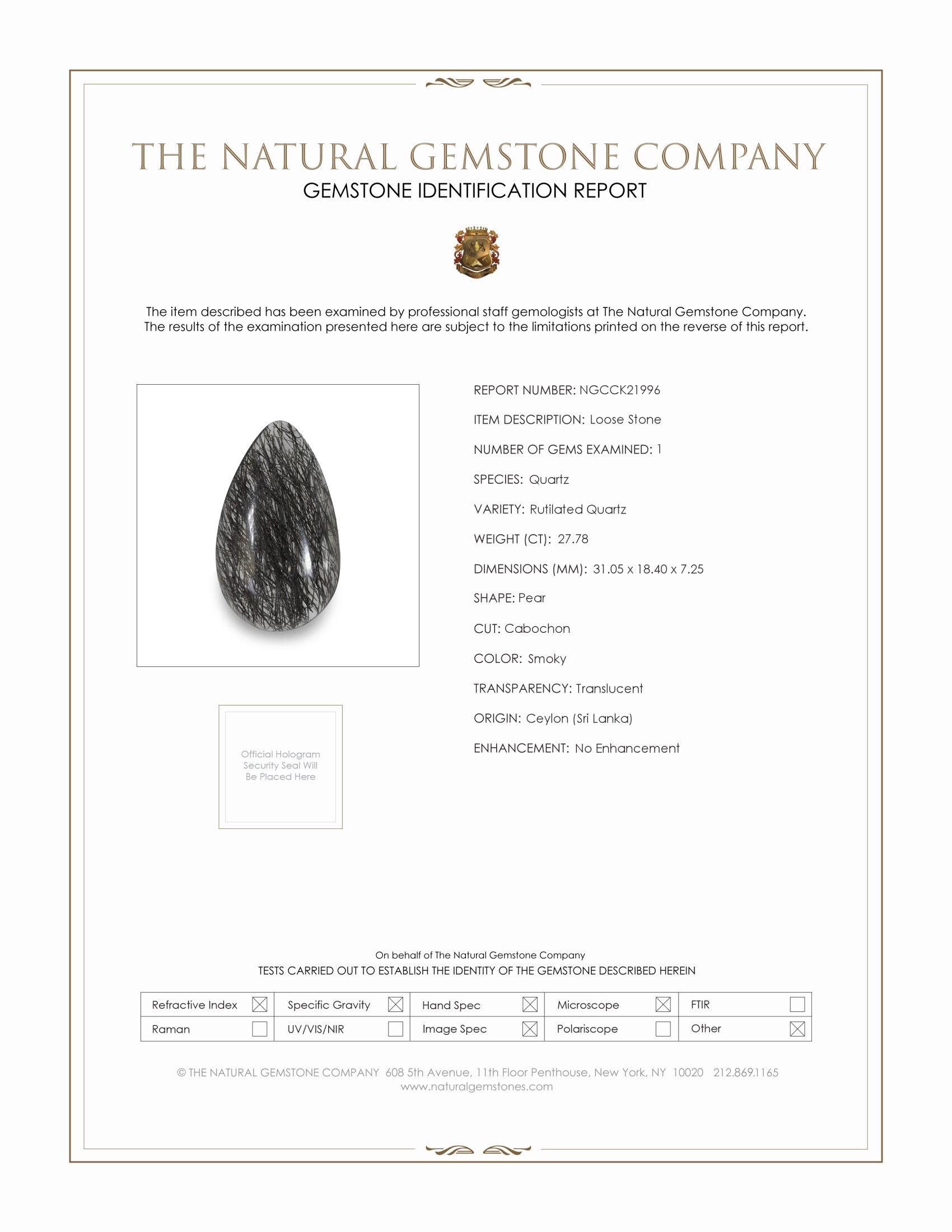 27.78 Ct. Smoky Cabochon Rutilated Quartz from Ceylon (Sri Lanka)